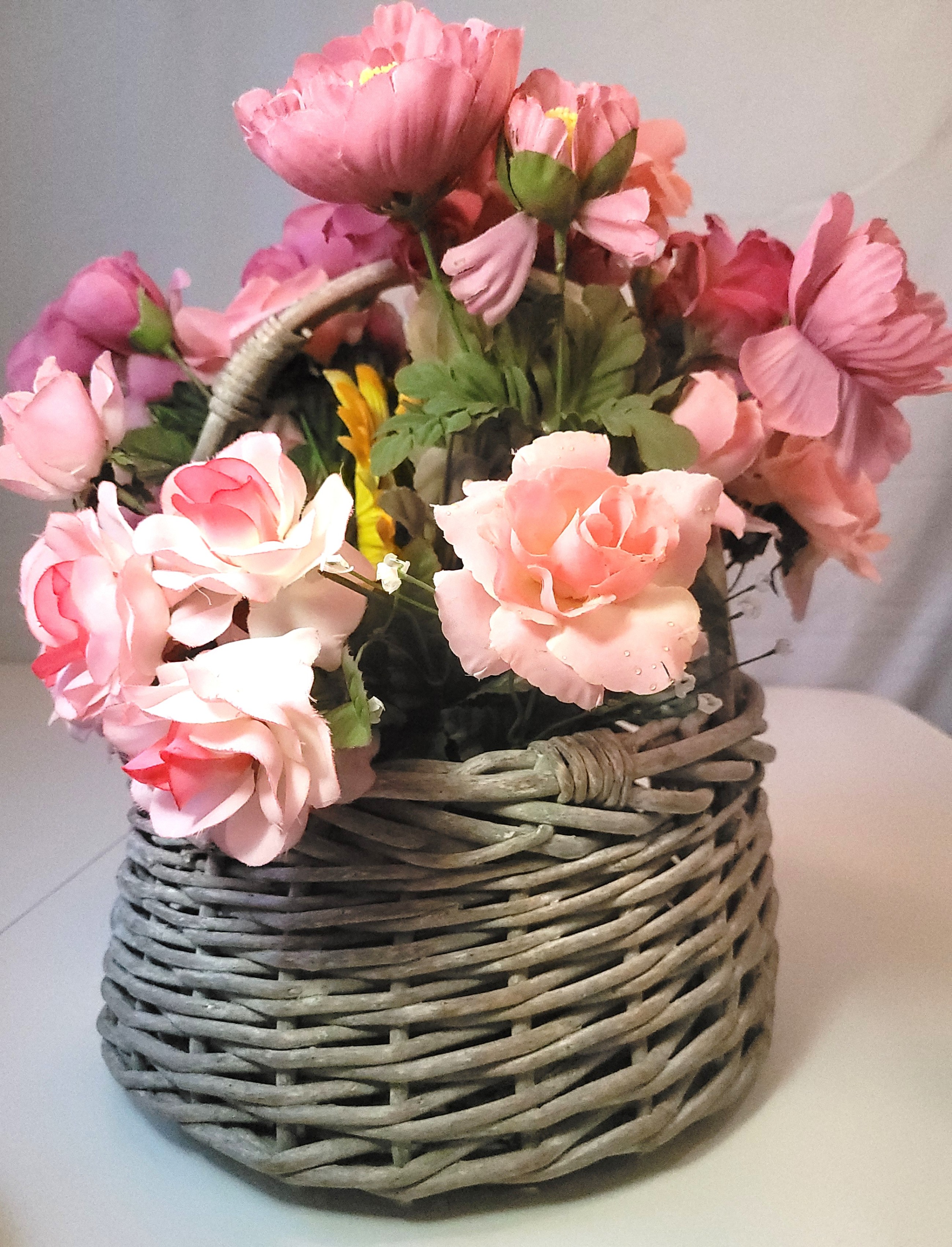 1990s Floral Basket Arrangement Pink Silk Roses Peonies Rustic