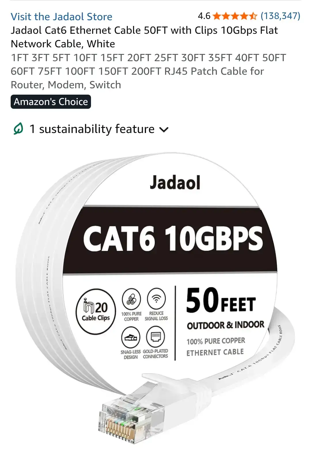 Jadaol Cat6 Flat Ethernet Cable - 50 Feet White