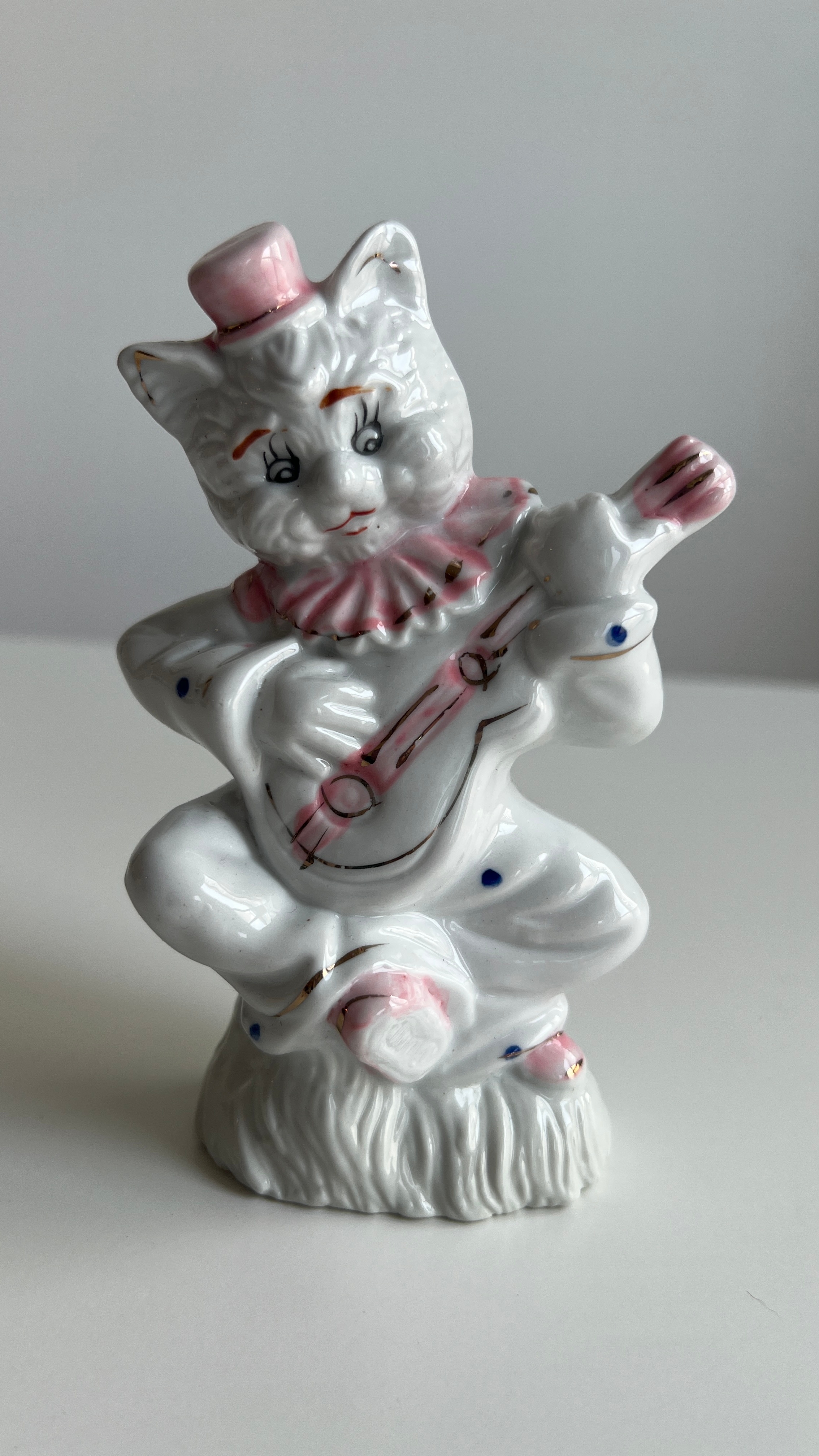 Vintage White Ceramic Clown Cat Figurine Playing Lute Mandolin