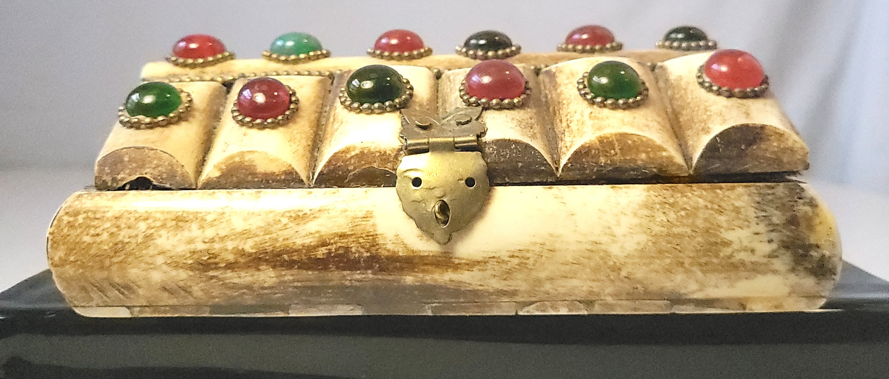 1970 Carved Bone Brass Treasure Chest, Faux Gemstone Cabochons