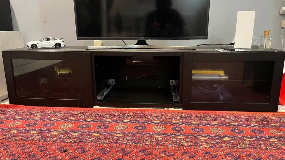 Moving Out Sale: Black-Brown TV Bench with Glass Doors