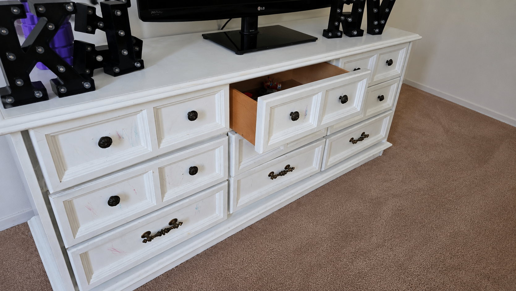 Large Solid Wood Triple Dresser / Credenza (9 Drawers, White)