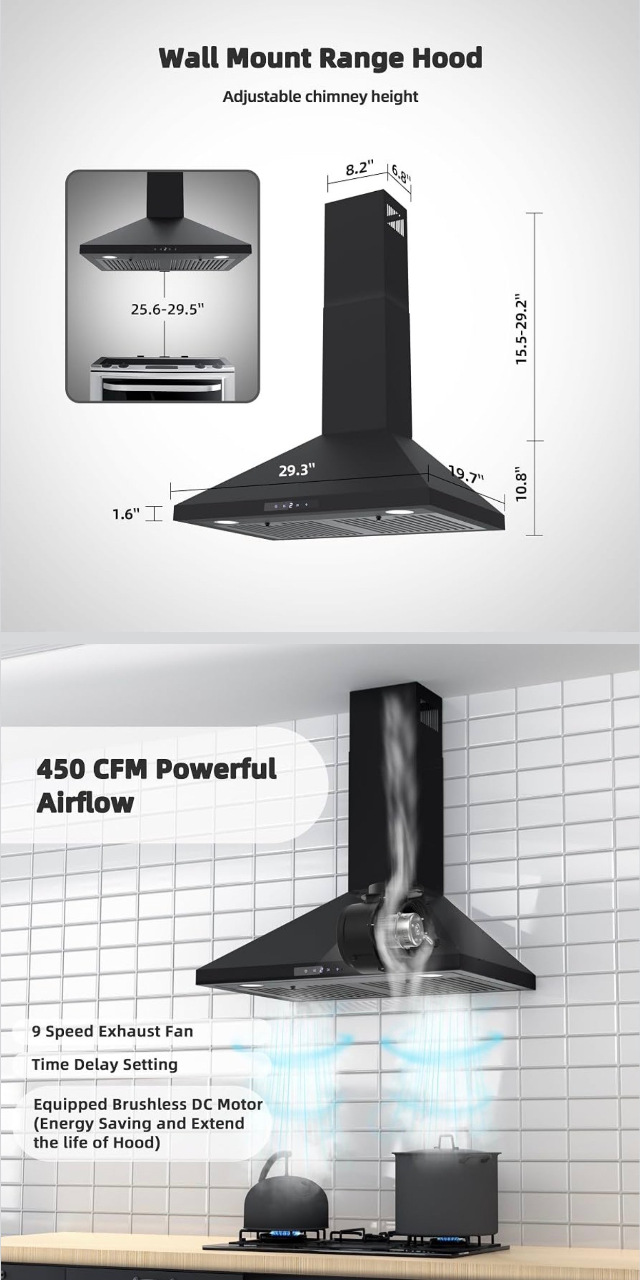 Black Range Hood 30" Stainless Steel Touch Control 9-Speed Fan - photo 2