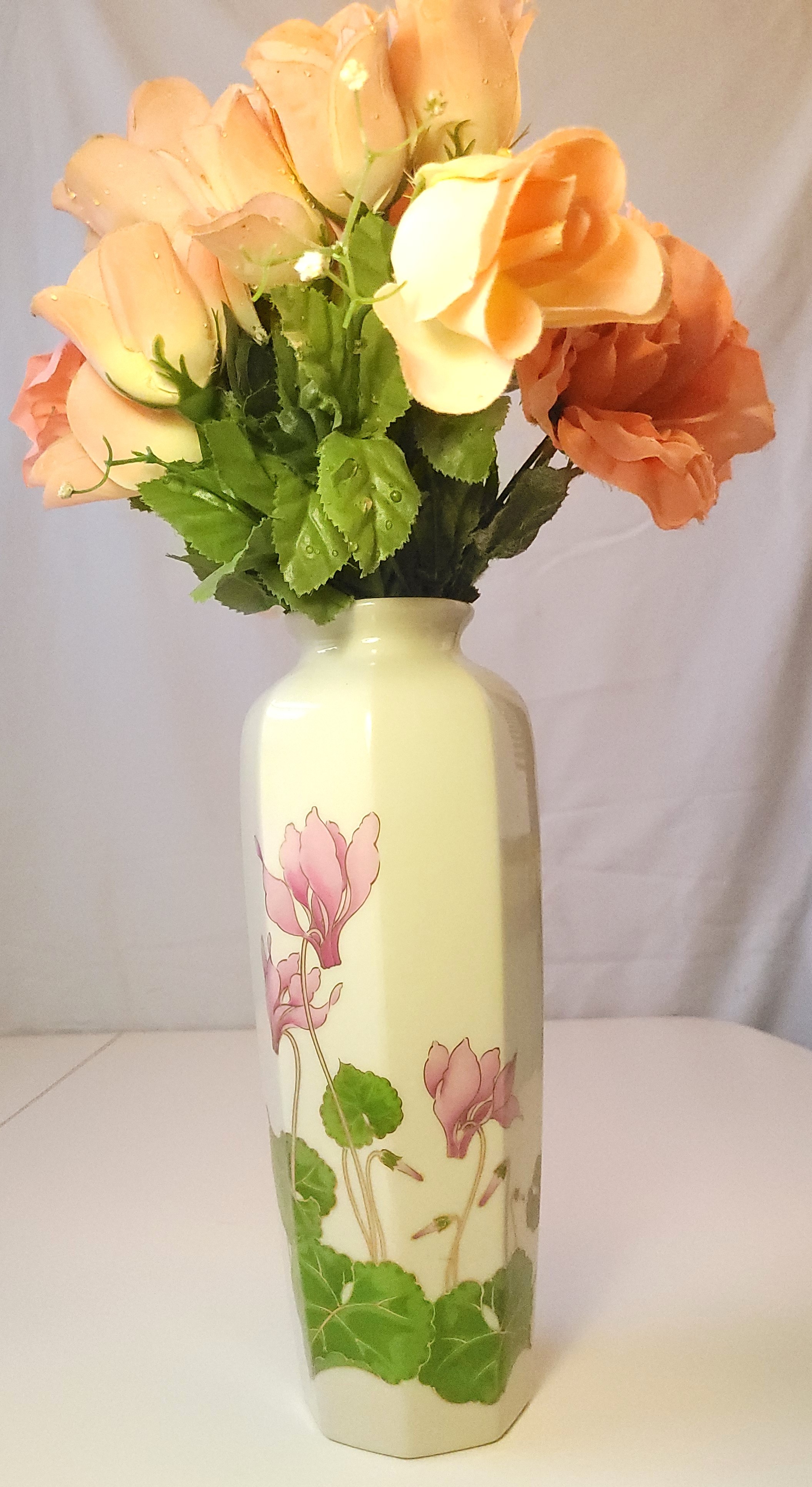 1970s Otagiri Japan Hexagonal Cyclamen Porcelain Vase Floral