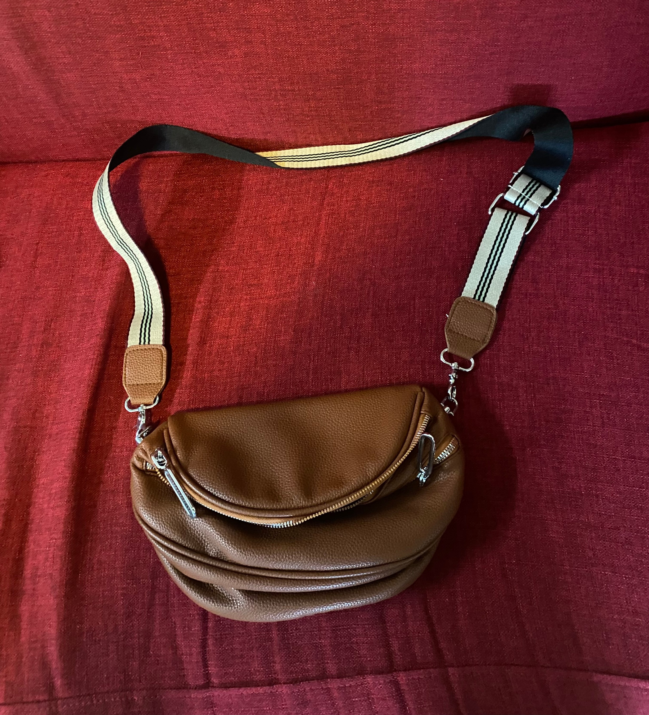 Brown Faux Leather Purse with Striped Strap - photo 2
