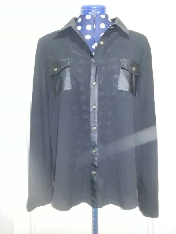 MINE Black Button-Up Shirt with Faux Leather Pockets