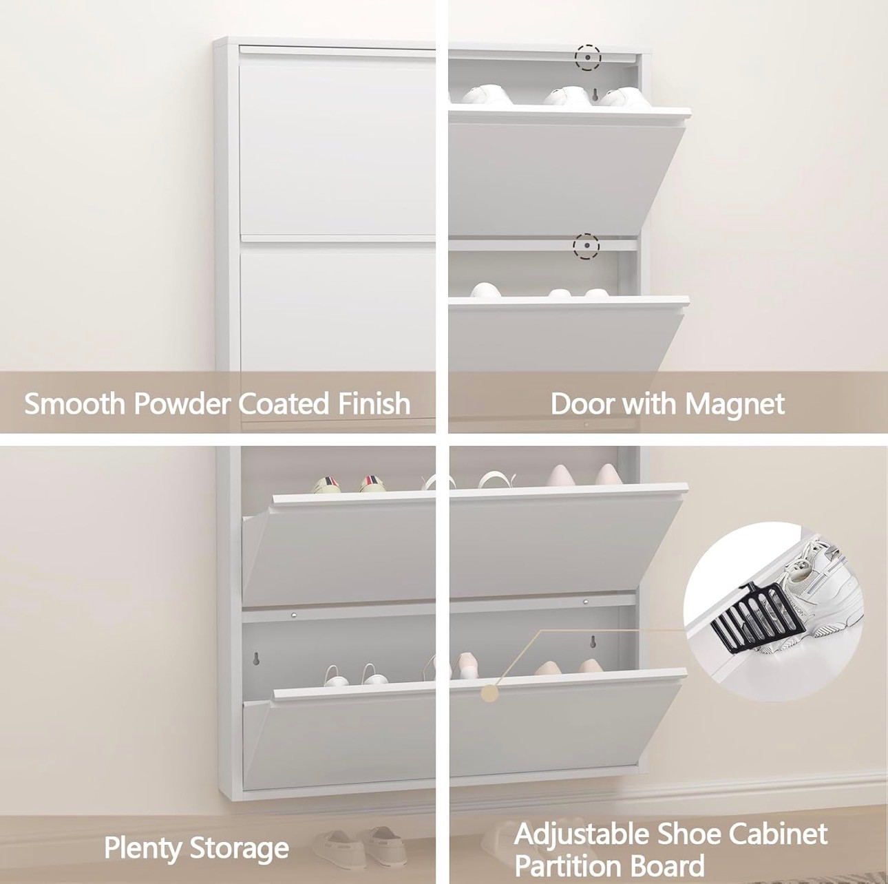 Sleek Metal Shoe Cabinet with 4 Flip Drawers Wall Mount Organize - photo 5