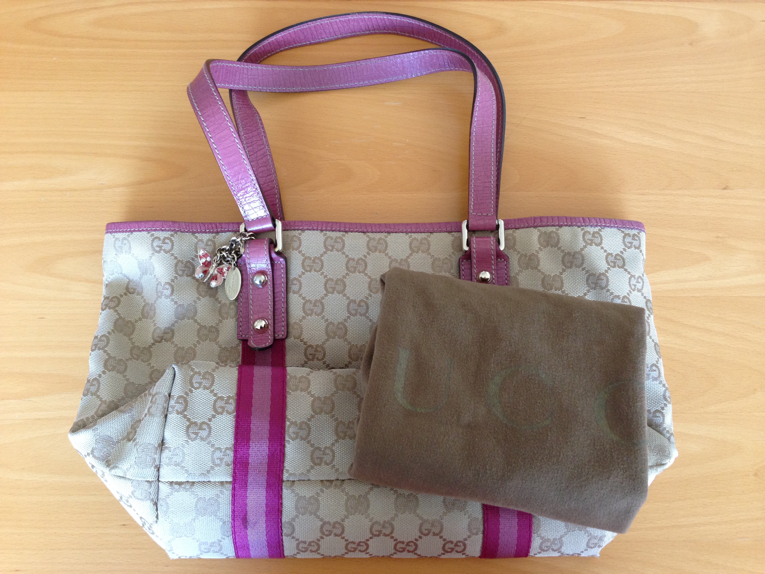 Vintage Gucci GG Monogram Joliceour Pink Butterfly Charm