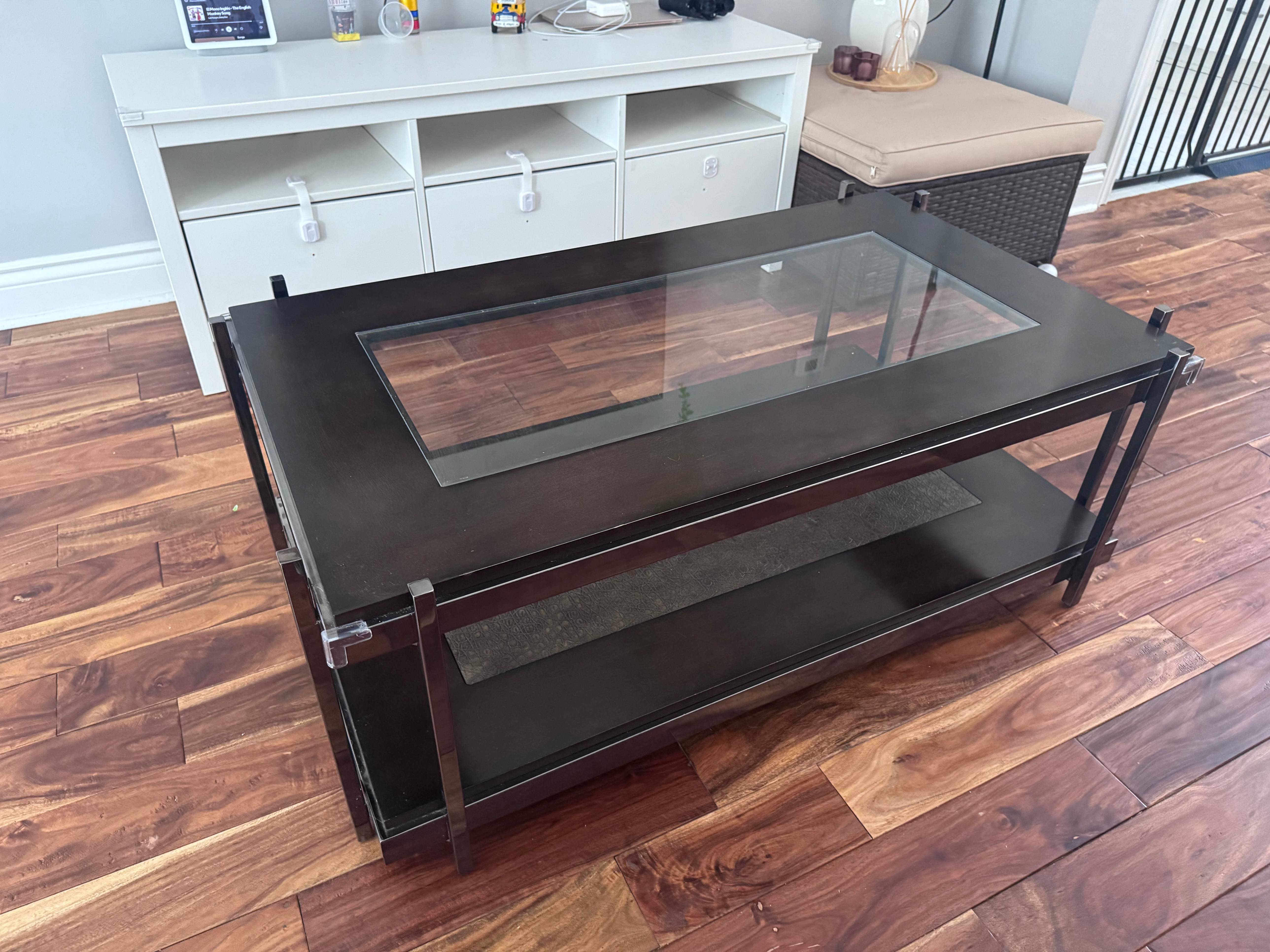 Large Black Coffee Table - Glass Top + Leather-Look Lower Shelf - photo 4