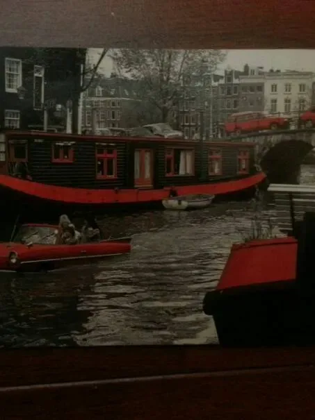 Car In Amsterdam Canal Black & White W/ Red Art Postcard (New)