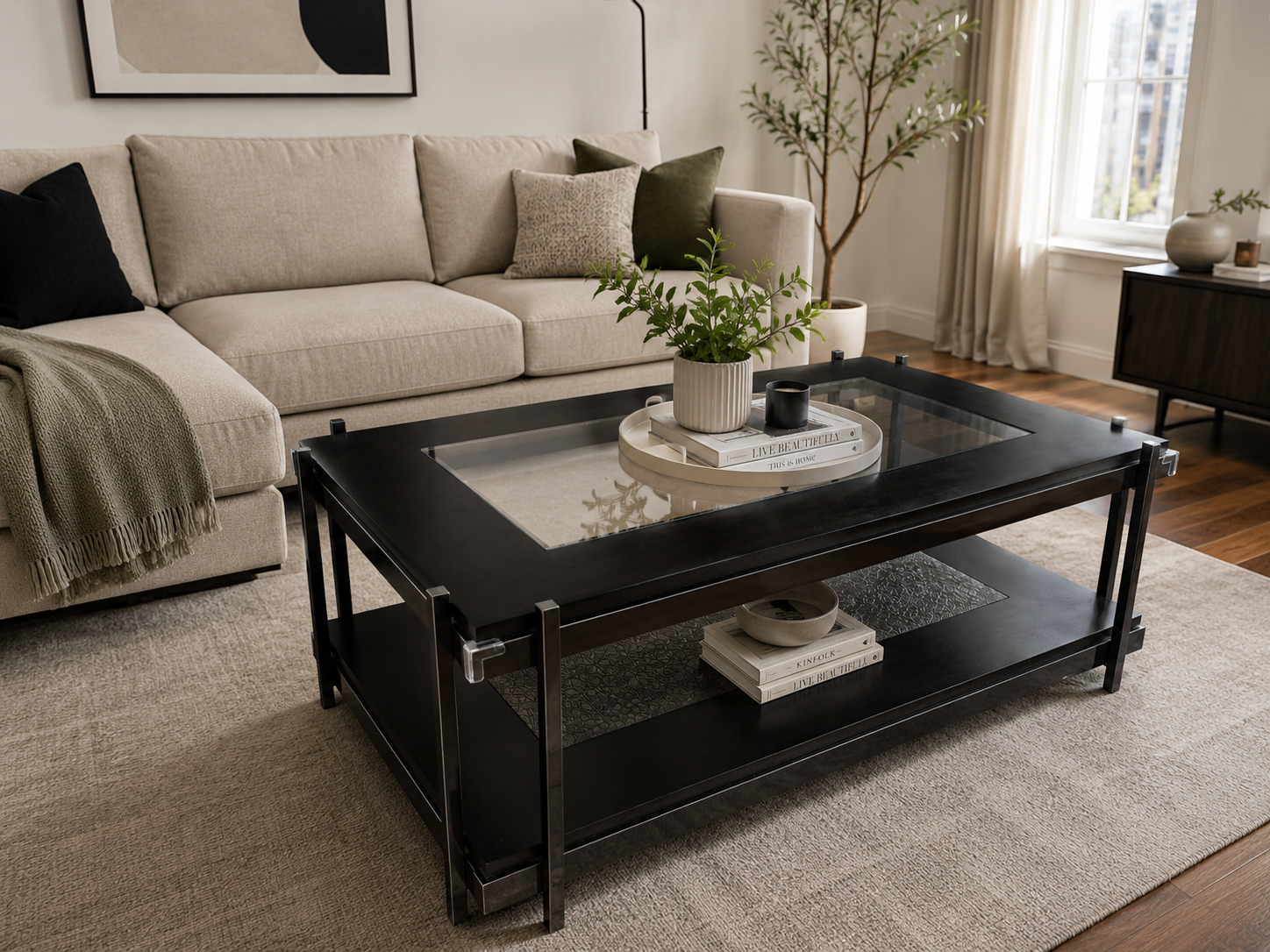 Large Black Coffee Table - Glass Top + Leather-Look Lower Shelf - photo 5