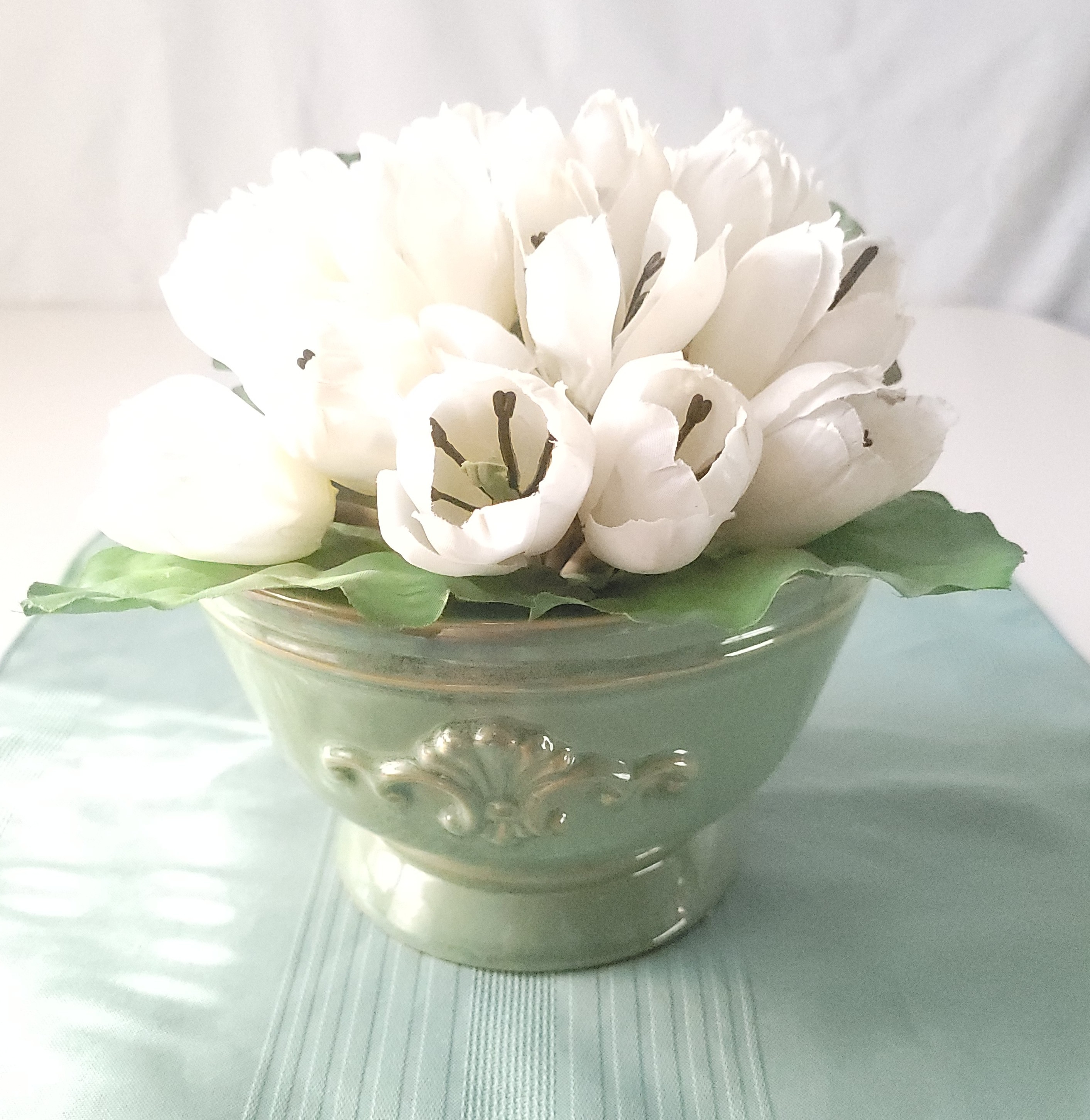 Vintage Style Green Glazed Ceramic Bowl Planter Vase Faux Flower