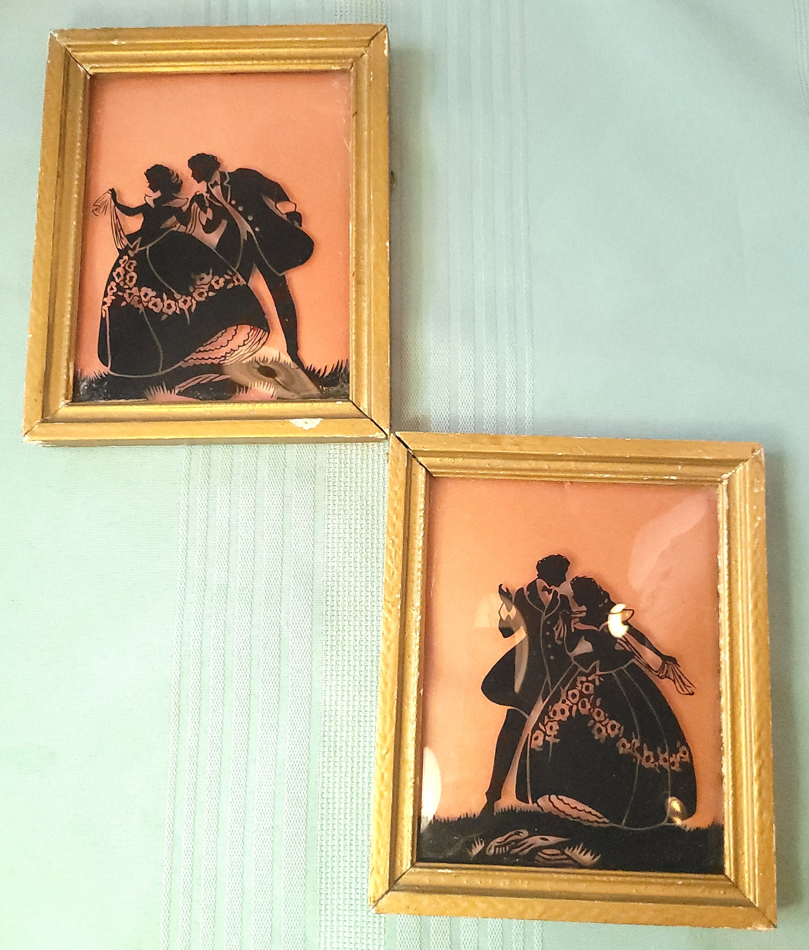 1930s Silhouette Reverse Glass Painting Pair Gold Framed