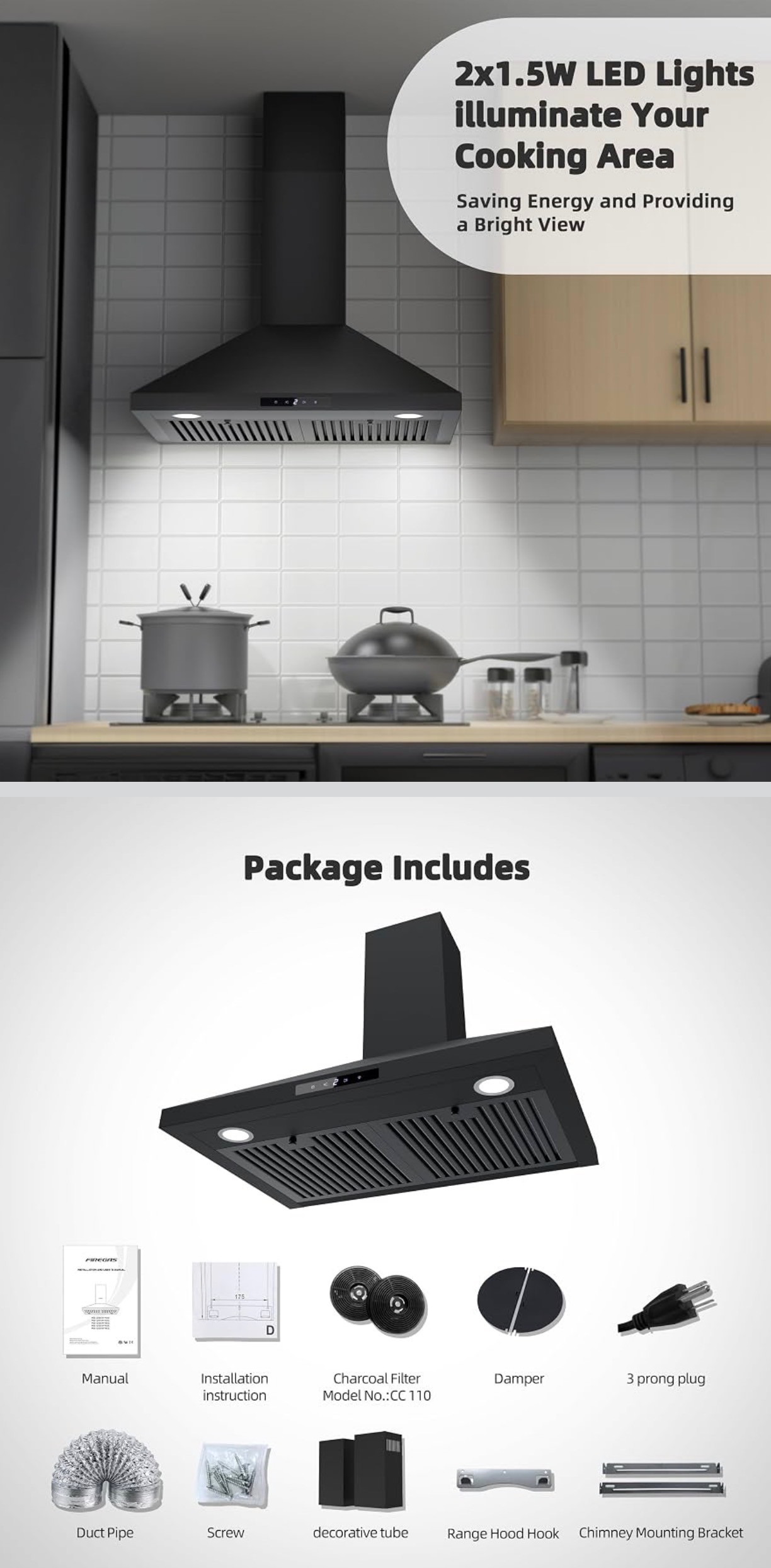Black Range Hood 30" Stainless Steel Touch Control 9-Speed Fan - photo 4