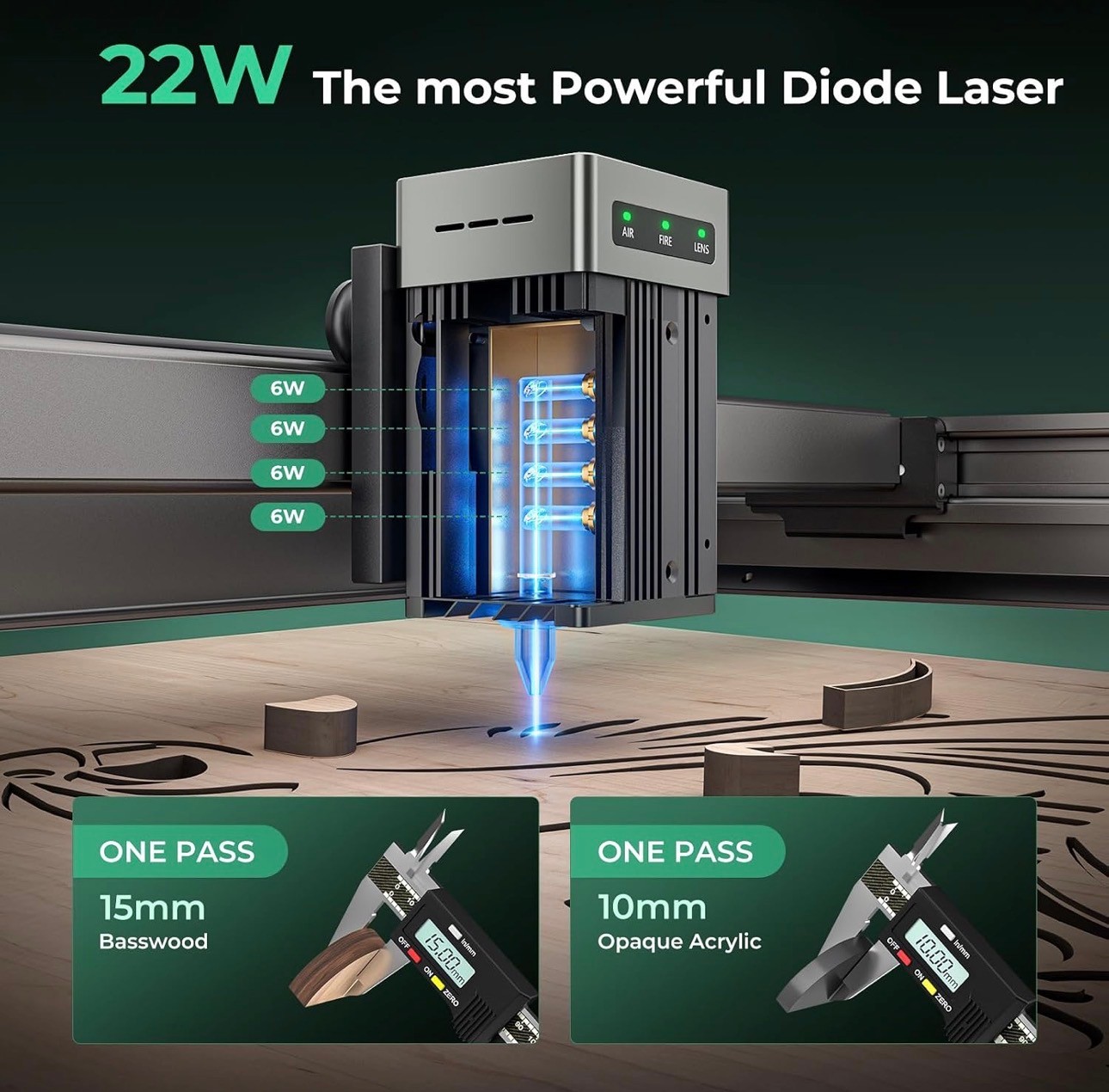 Laser Engraver 22w Class4 120,000mW, Air Assist, Rotary Cutter M - photo 4