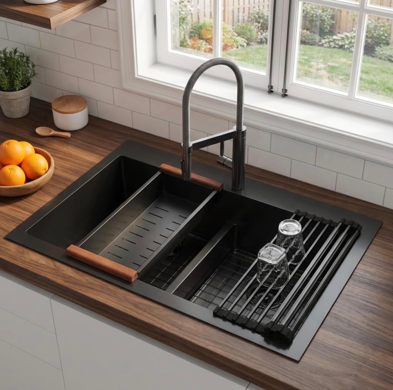 Black Double Bowl Kitchen Sink 50/50 33" x 22" 16 Gauge Stainles