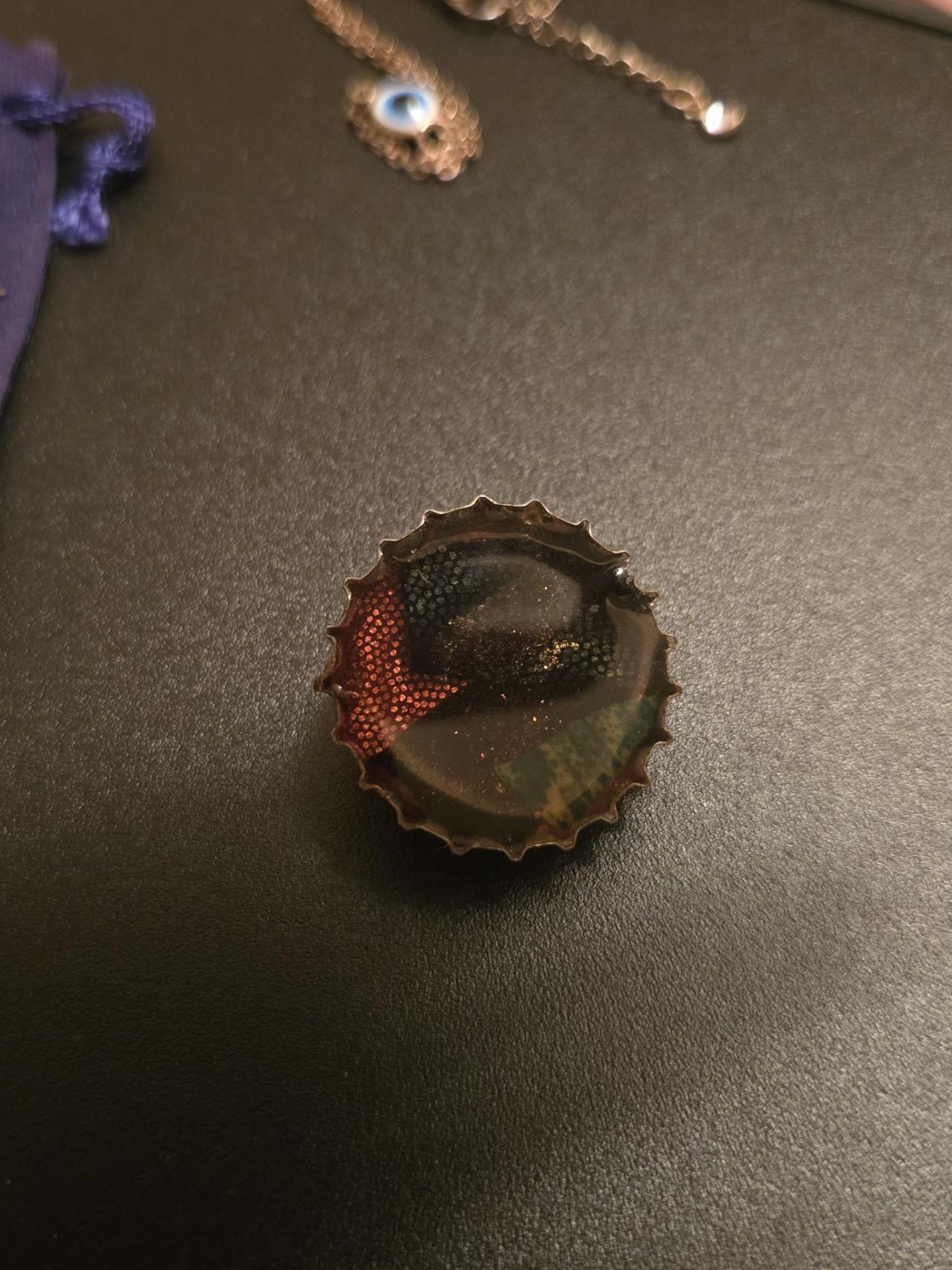 Gold-tone evil eye bracelet and unique bottle cap art pin - photo 3