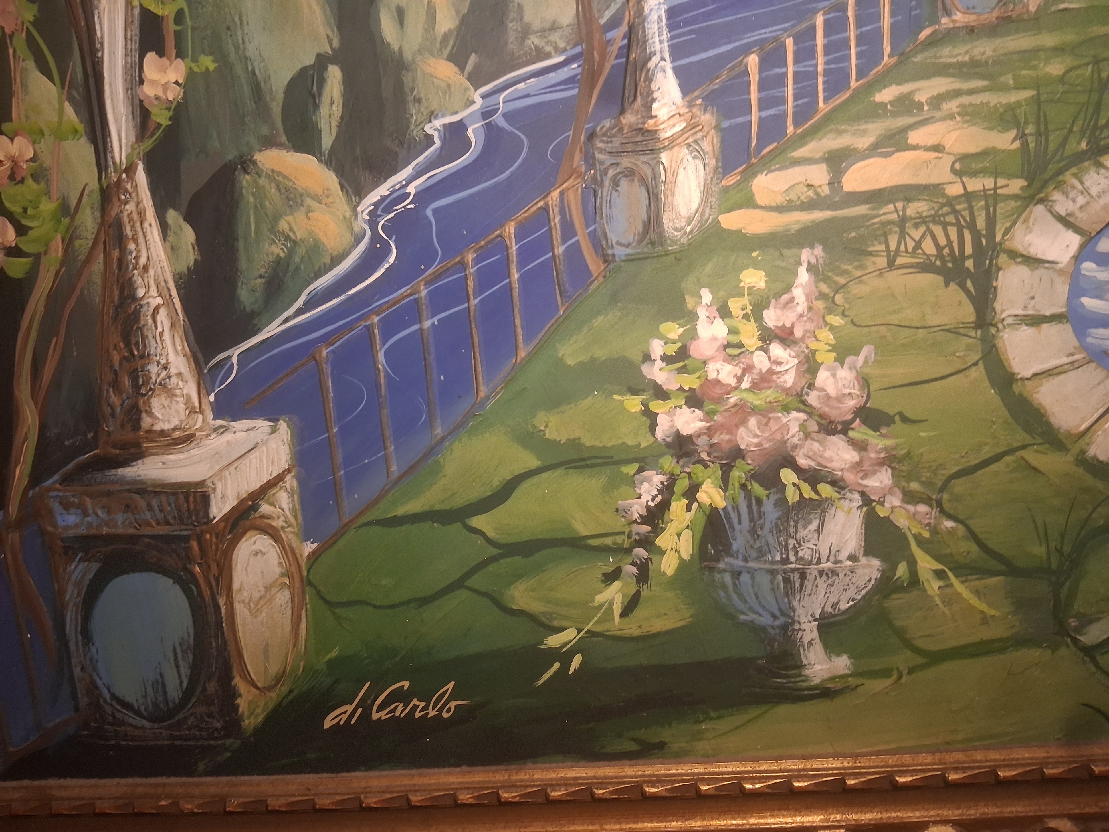 Framed Vintage Oil Painting "Di Carlo" Italian Garden Scene - photo 4