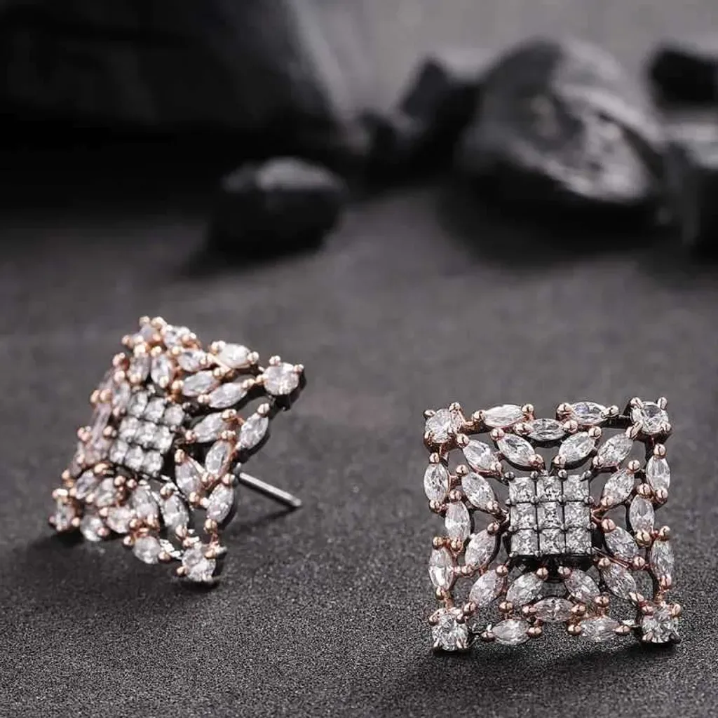 Square Stud Earrings with White Crystals