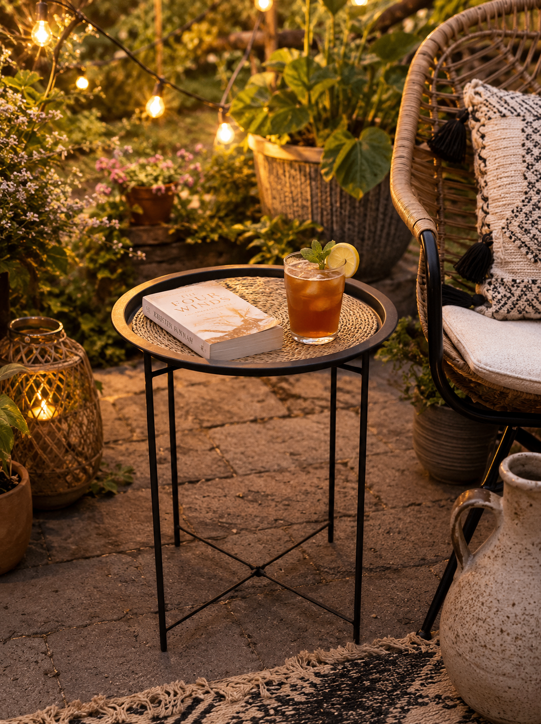 Folding Black Metal Round Tray-Top Side Table with Rattan Insert - photo 2