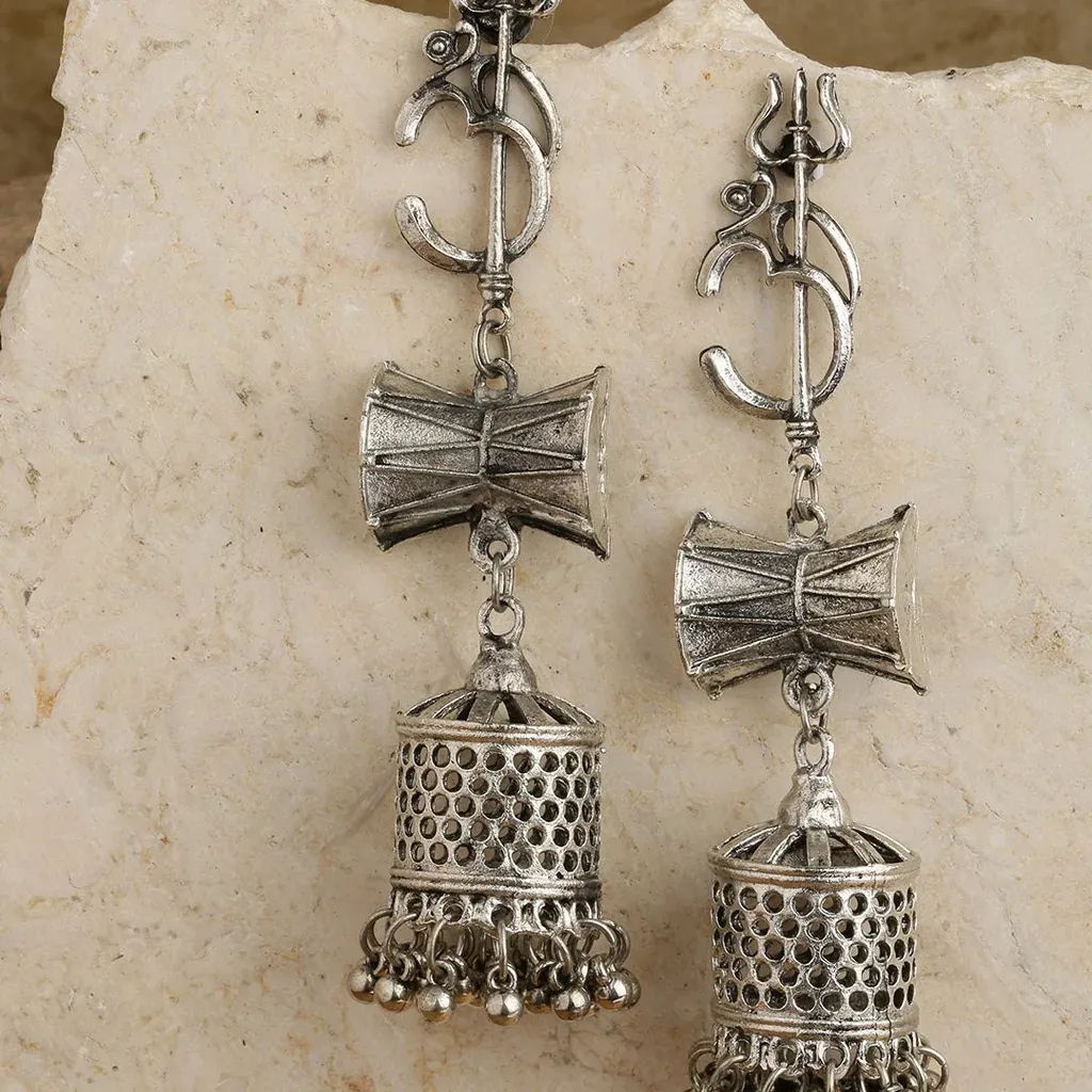 Silver Tone Om Damru Earrings
