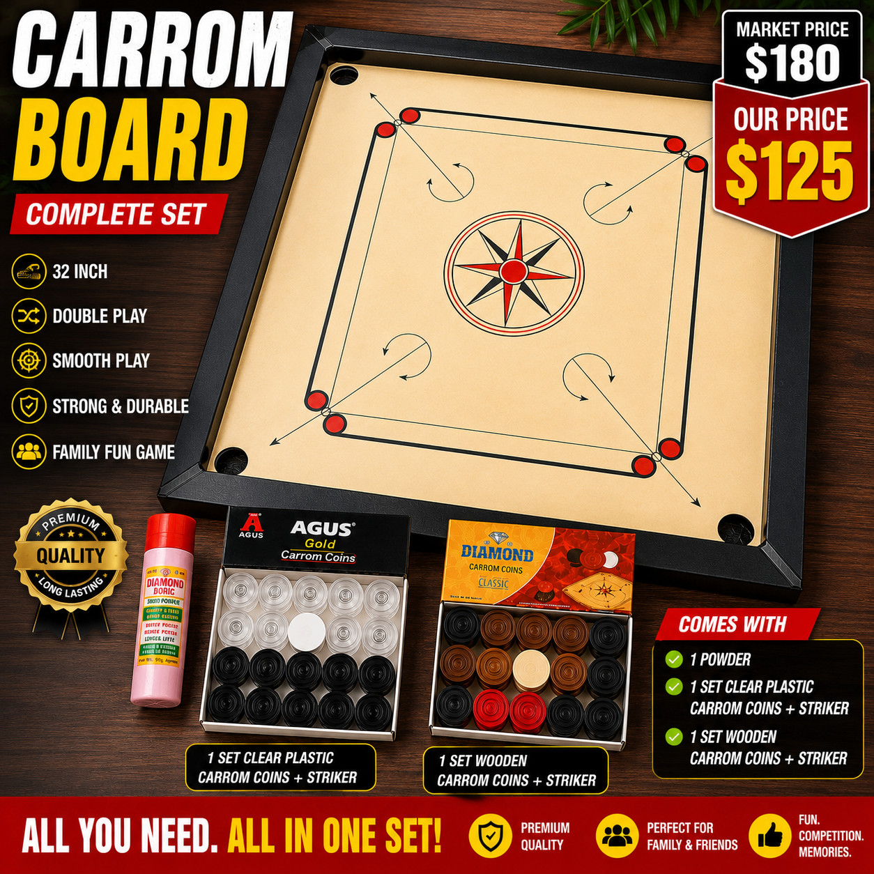 32” Carrom Board Complete Set | Double Play |