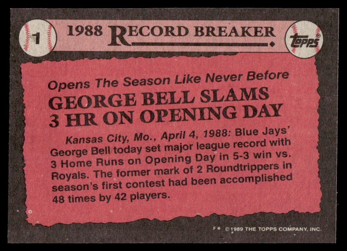 1989 Topps Record Breaker George Bell Baseball Card # 1 - photo 2