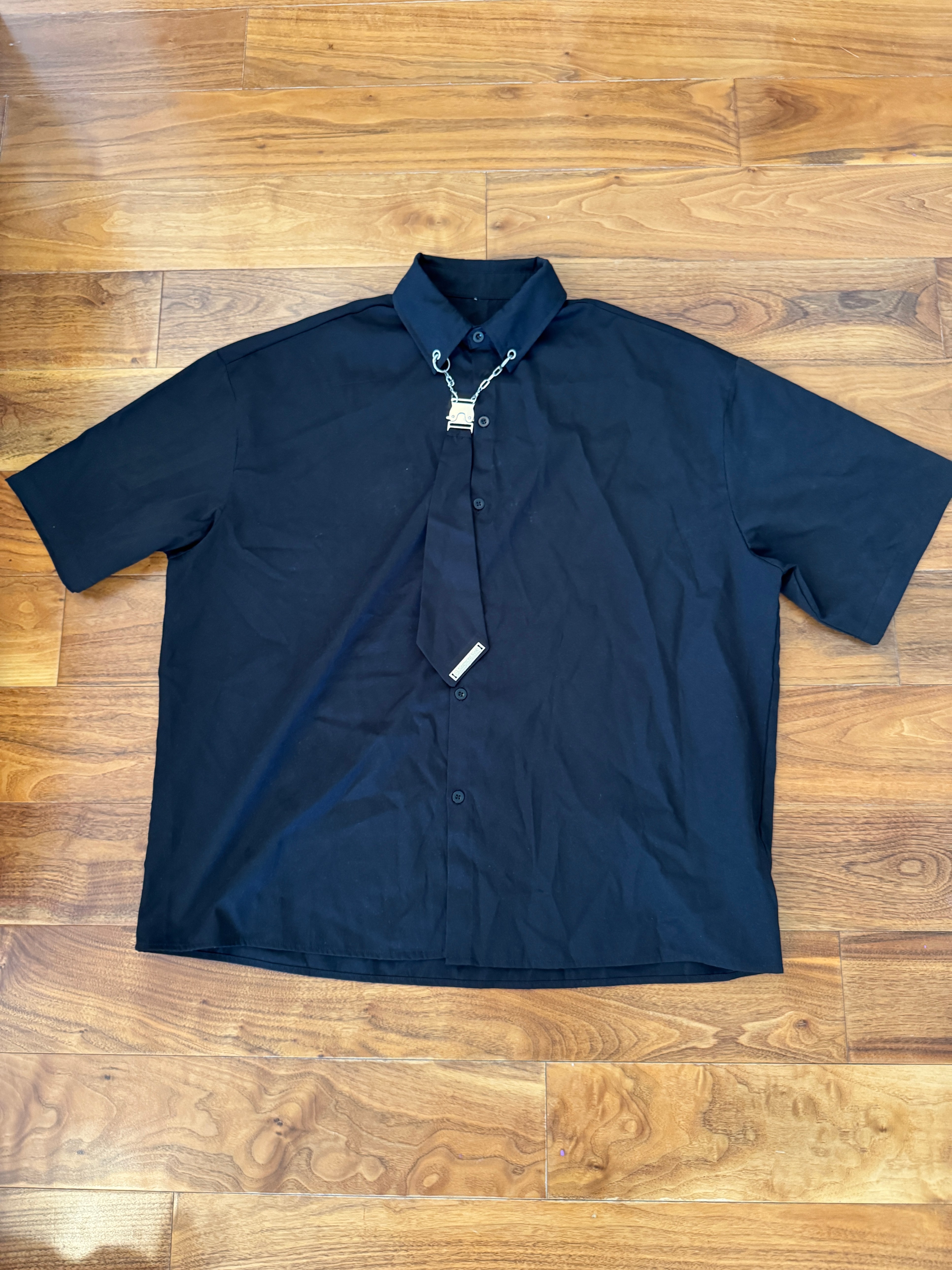 Black Collared Shirt with Chain Tie