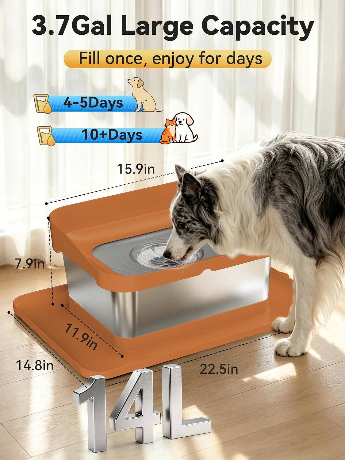 14L Stainless Steel Dog Water Bowl No-Spill with Anti-Skid Mat - photo 2