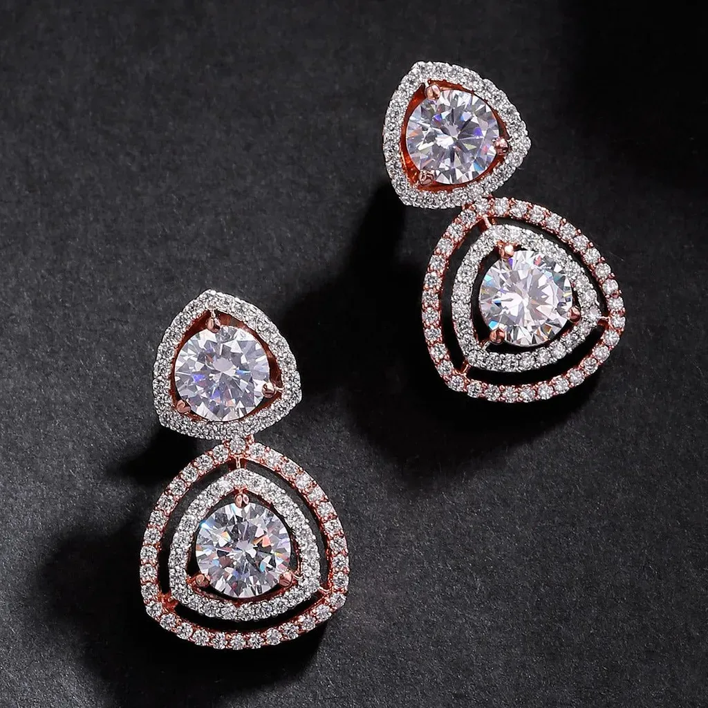 Rose Gold Tone Drop Earrings with White Crystals