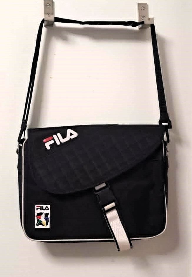 FILA Messenger Laptop Bag Black Quilted Flap Embroidered Logo