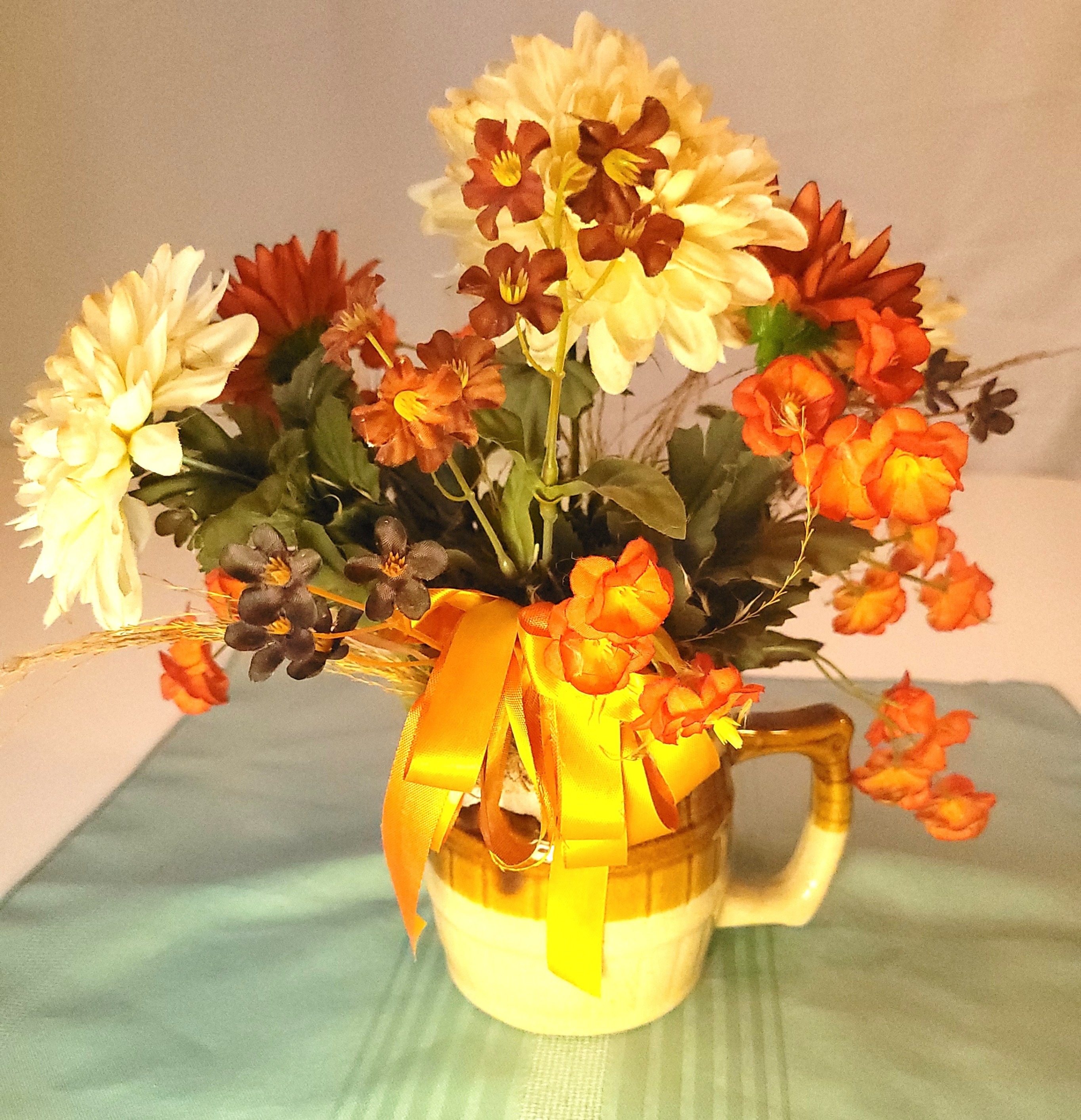 1970s Two-Tone Drip Glaze Mug Vase with Autumn Faux Floral