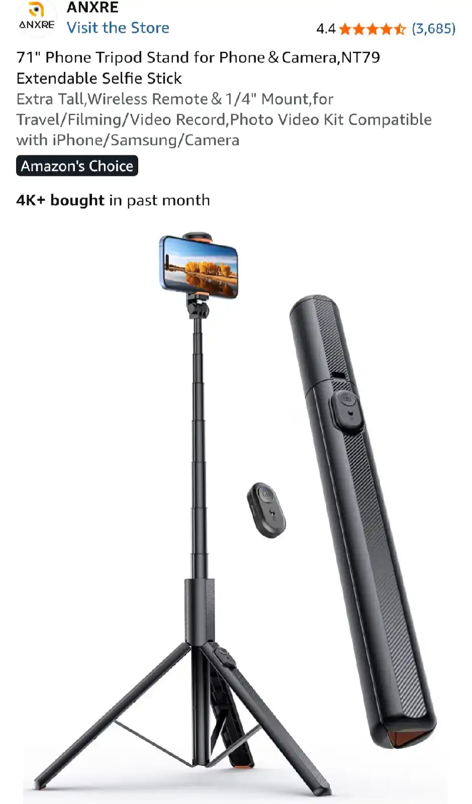 ANXRE 71" Extendable Selfie Stick Tripod Stand