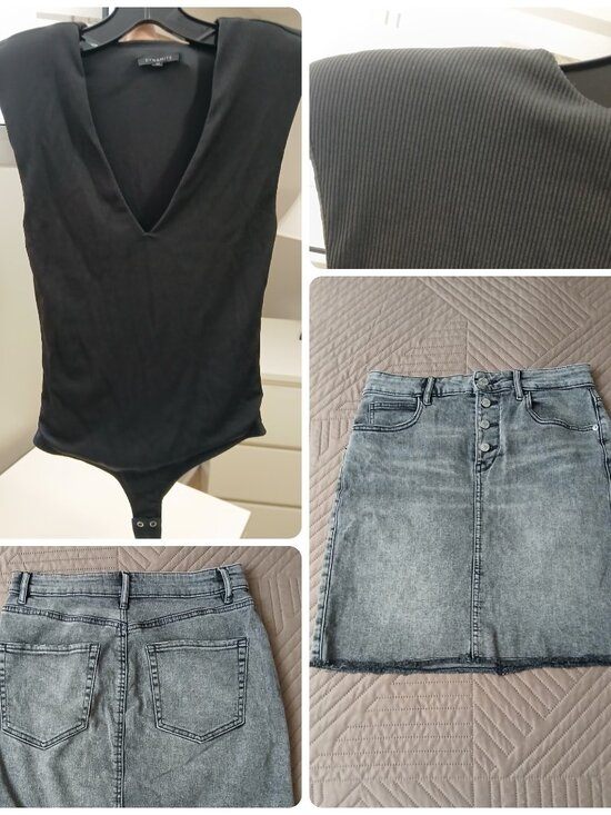 Dynamite Black V-Neck Bodysuit & Grey Denim Skirt
