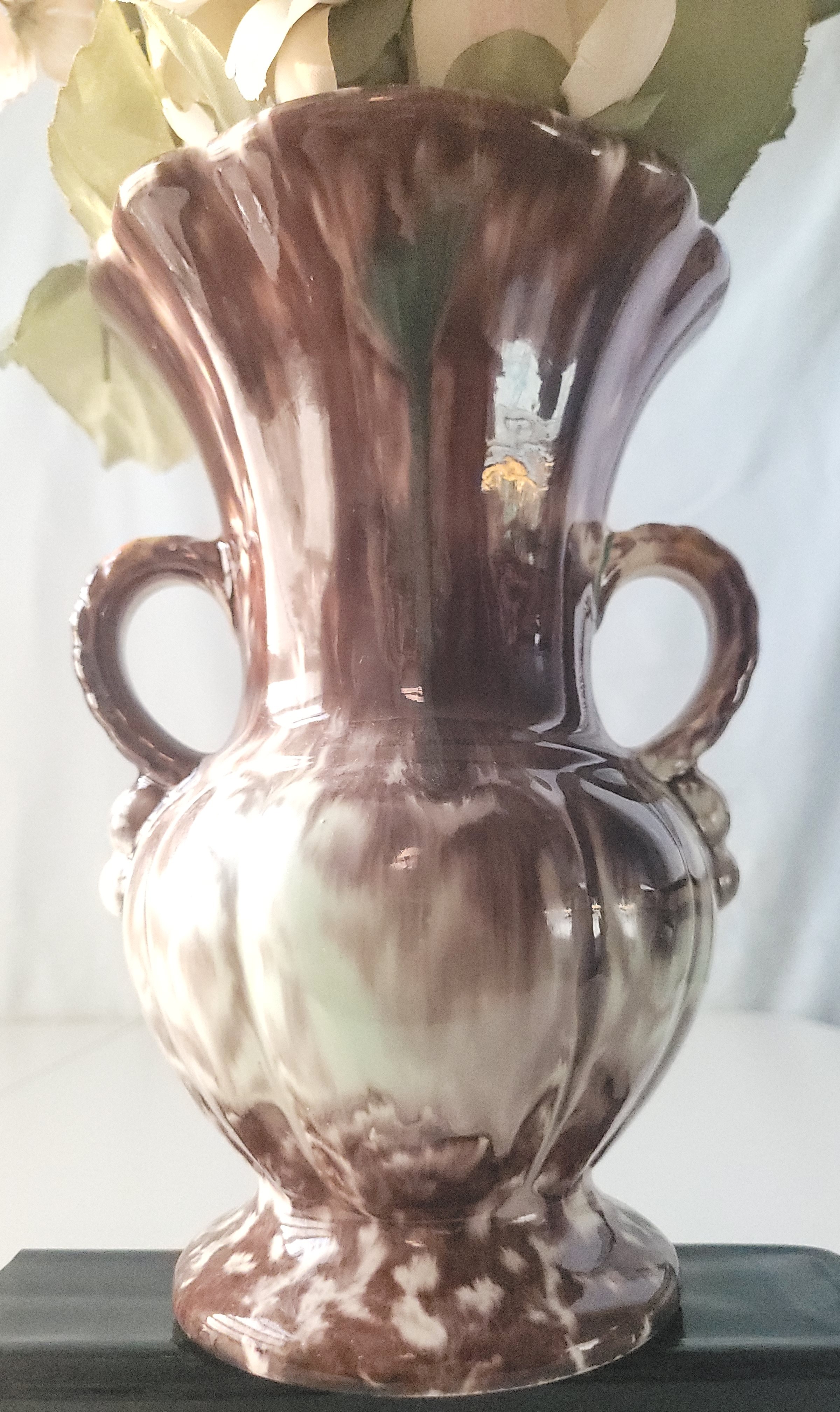 1970 Double Handled Drip Glaze Ceramic Vase Floral Arrangement - photo 3