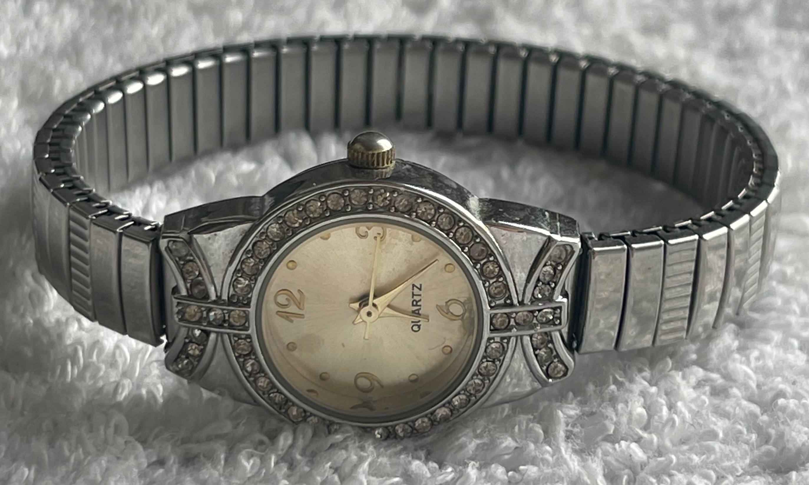Women's Silver & Gold Crystal Stretch Band Watch (Needs Battery)