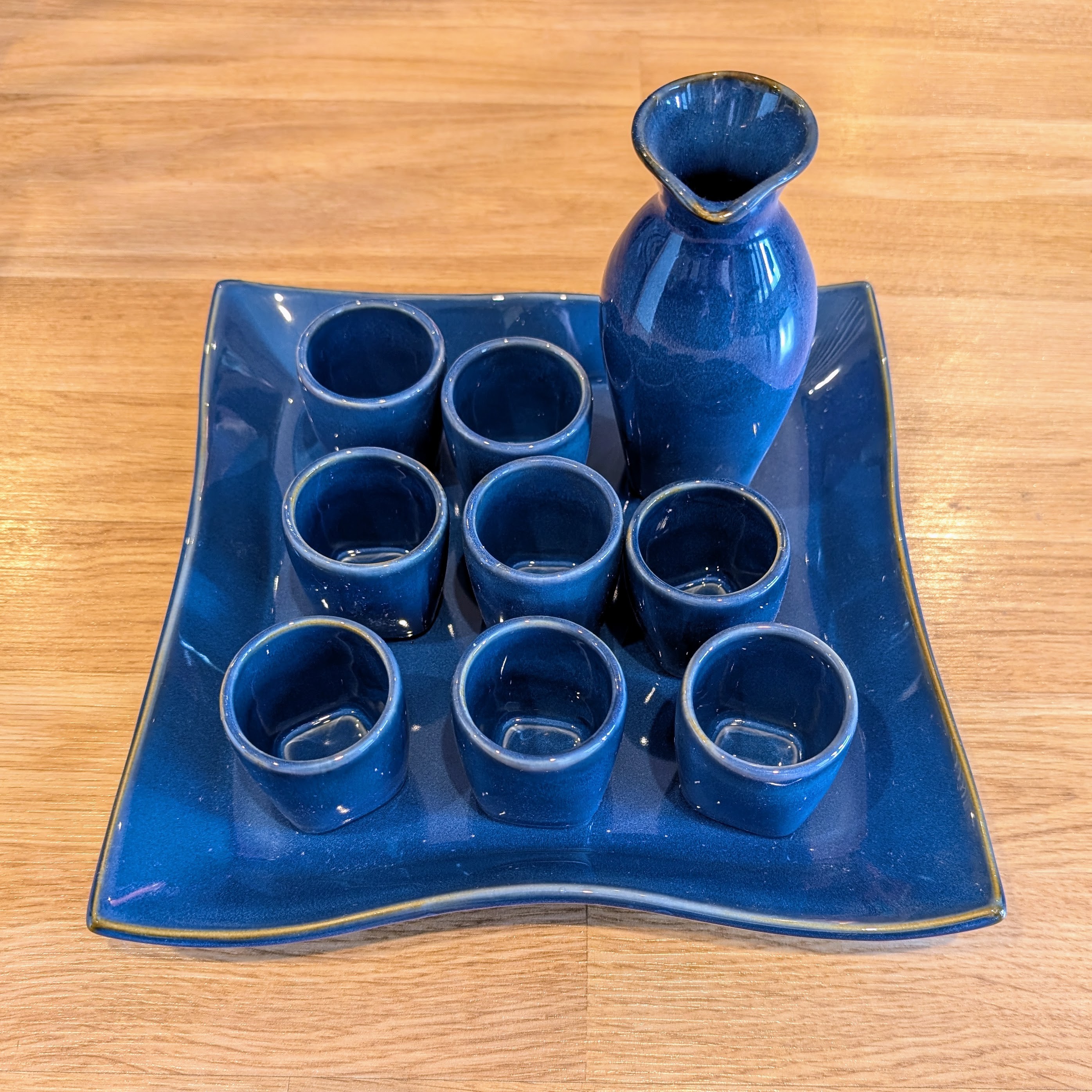 Blue Ceramic Sake Set with 8 Cups and Tray
