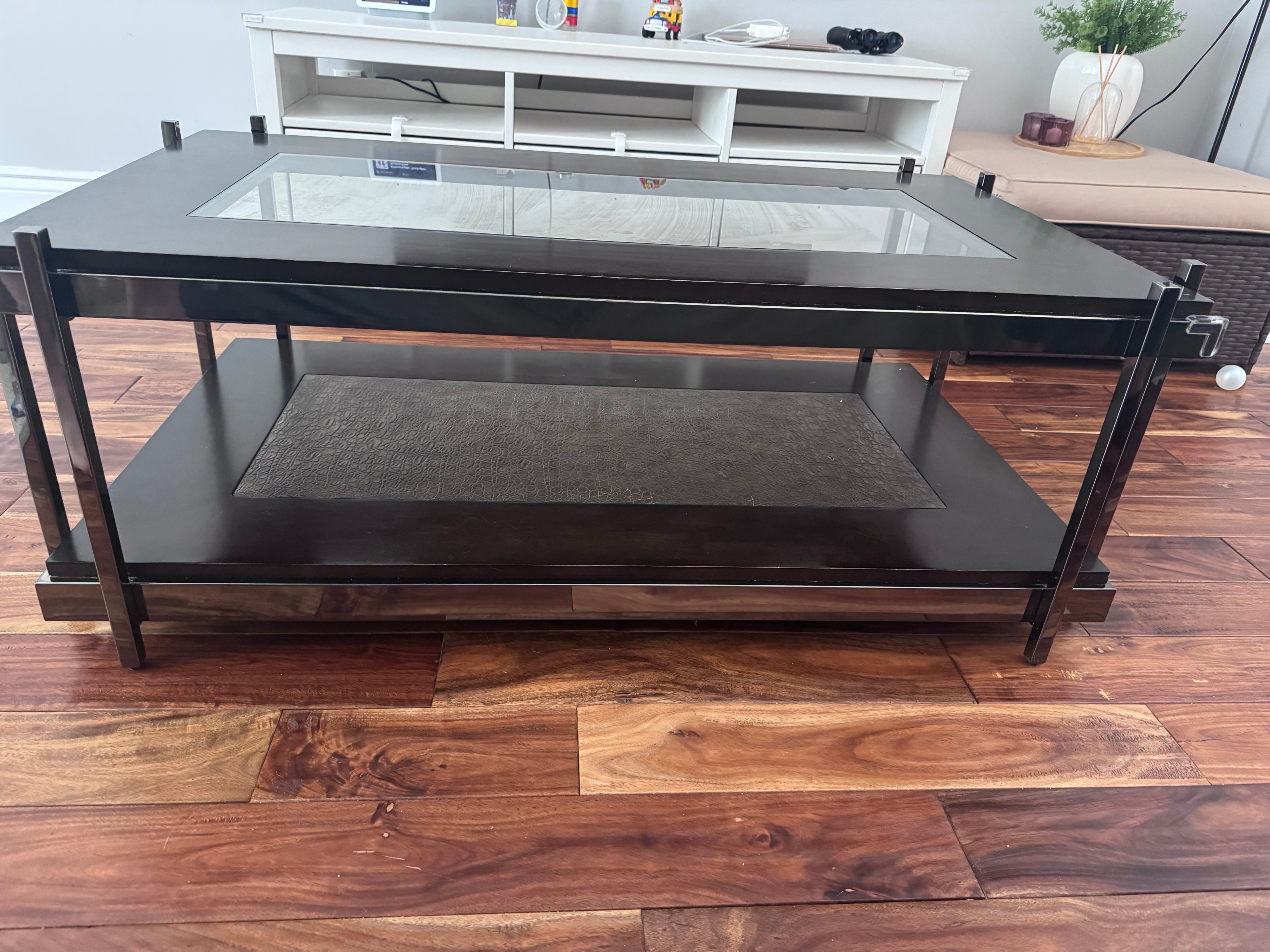 Large Black Coffee Table - Glass Top + Leather-Look Lower Shelf - photo 3
