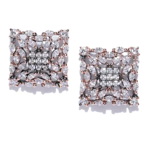 Square Stud Earrings with White Crystals - photo 2