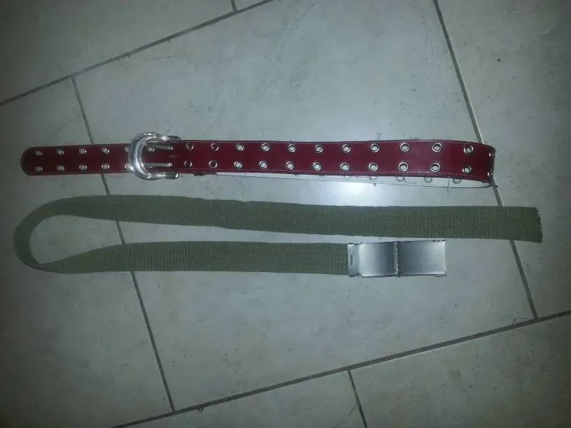 2 Belts. Red one is vegan leather, Fabric one not.