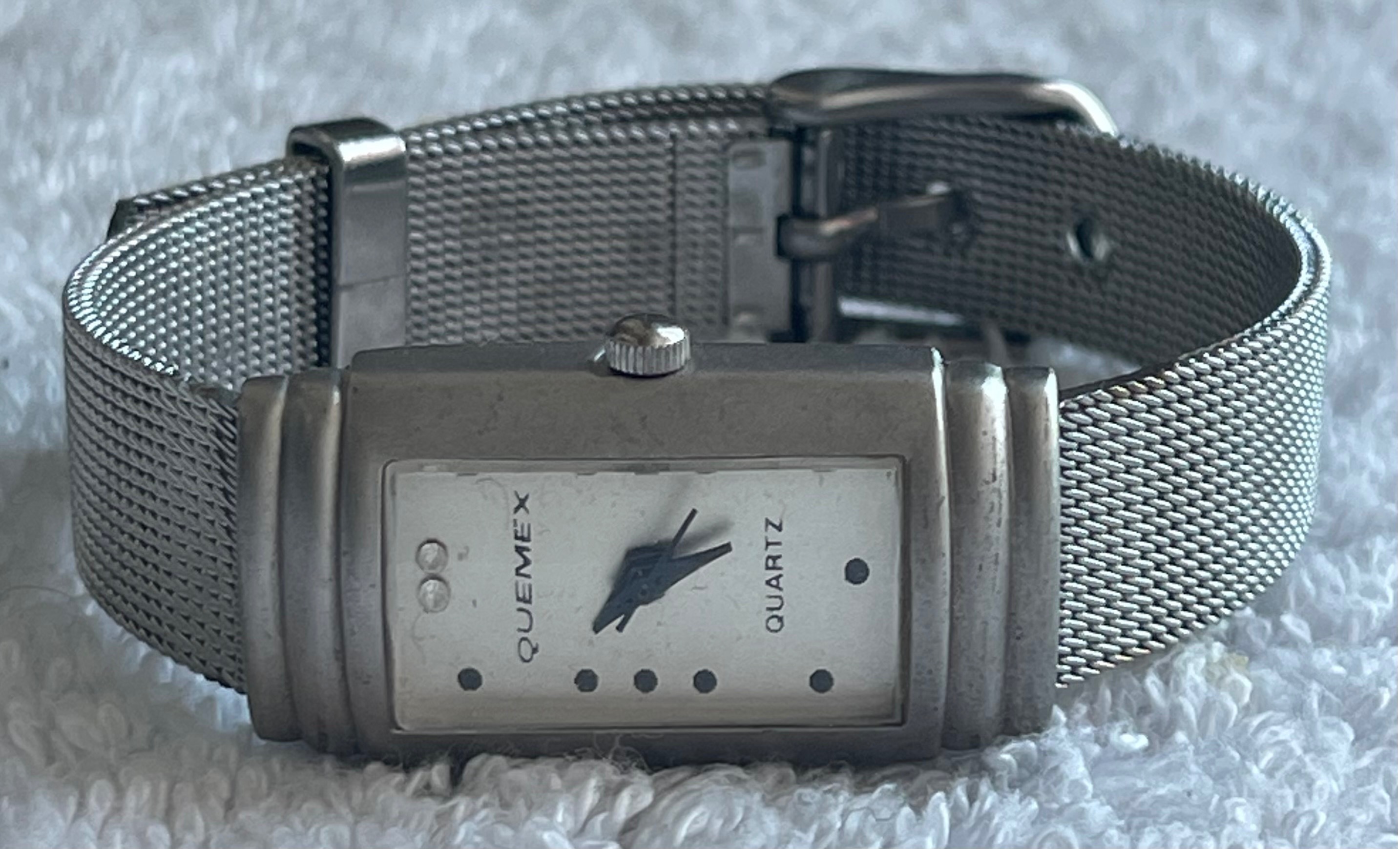 Vintage Quemex Silver Tank Watch w/ Mesh Strap (Needs Battery)