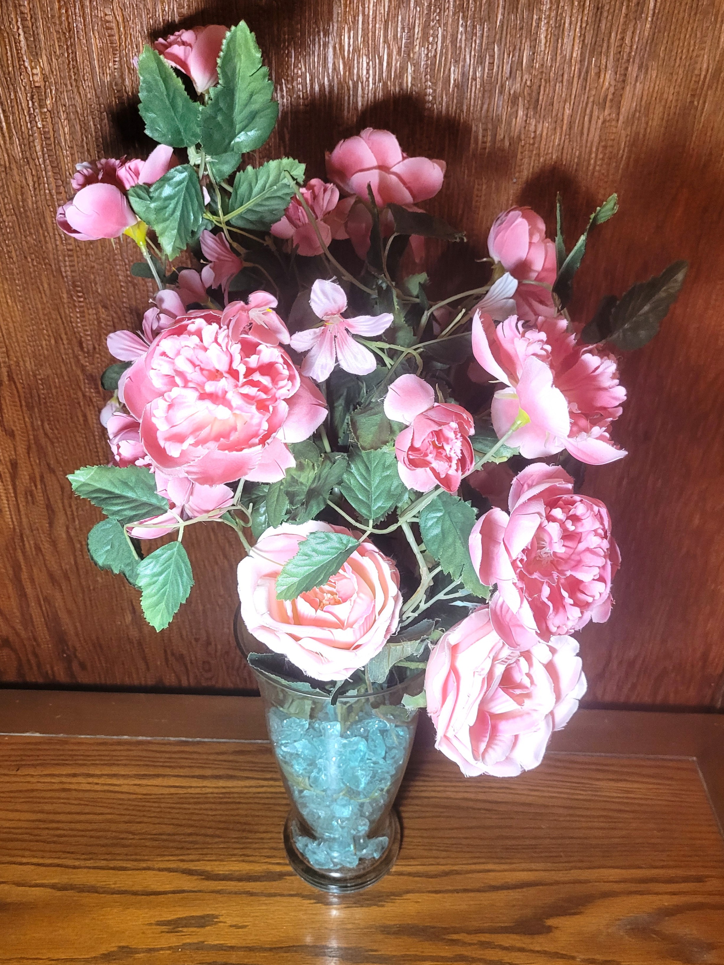 Large Pink Peony Floral Arrangement Clear Glass Vase Sea Glass - photo 2