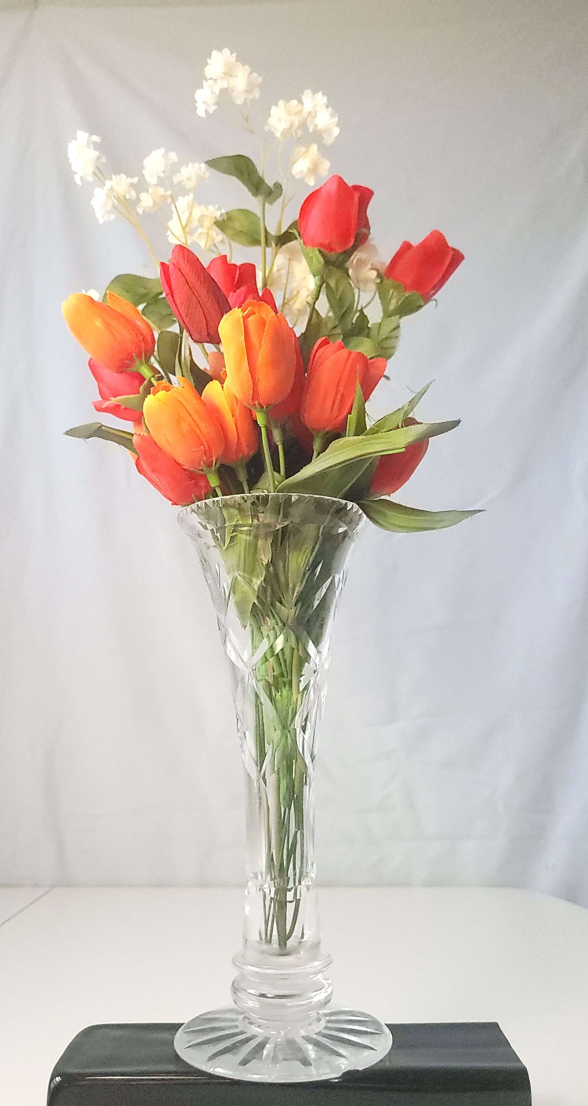 1980s Cut Crystal Trumpet Vase 9.75” Starburst Base Faux Flowers