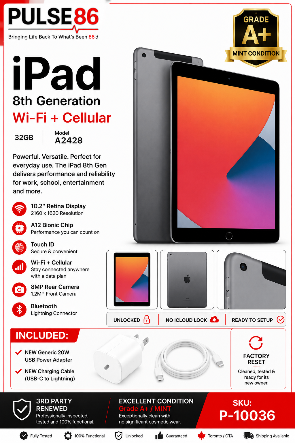 Apple iPad 8th Gen 10.2" – 32GB – Wi-Fi + Cellular Grade A+ MINT
