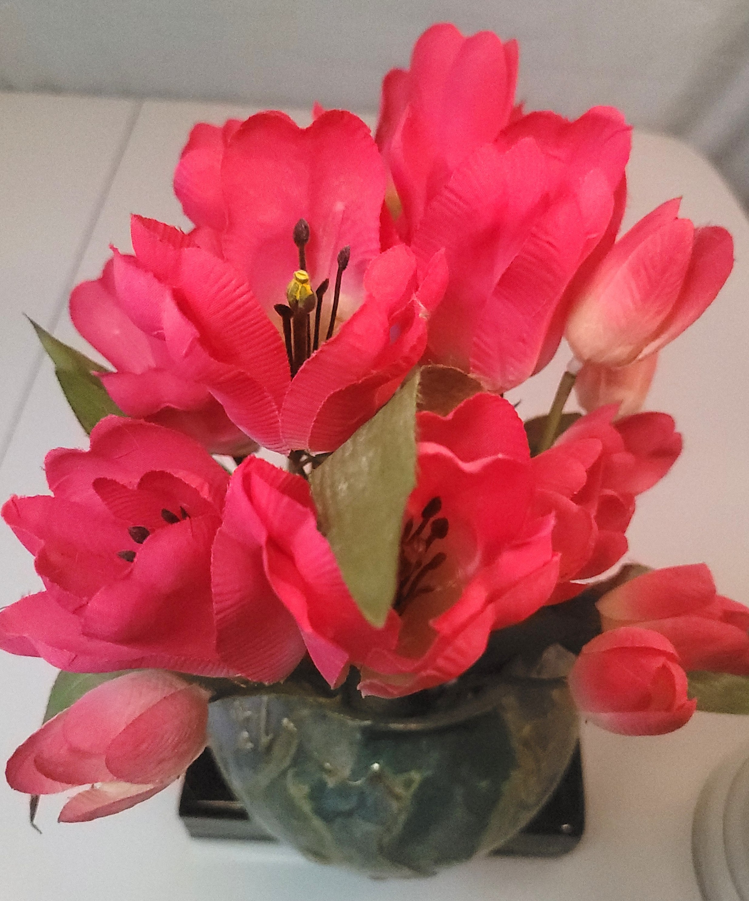 1990s Decoupage Floral Vase Pink Faux Tulips Arrangement - photo 4