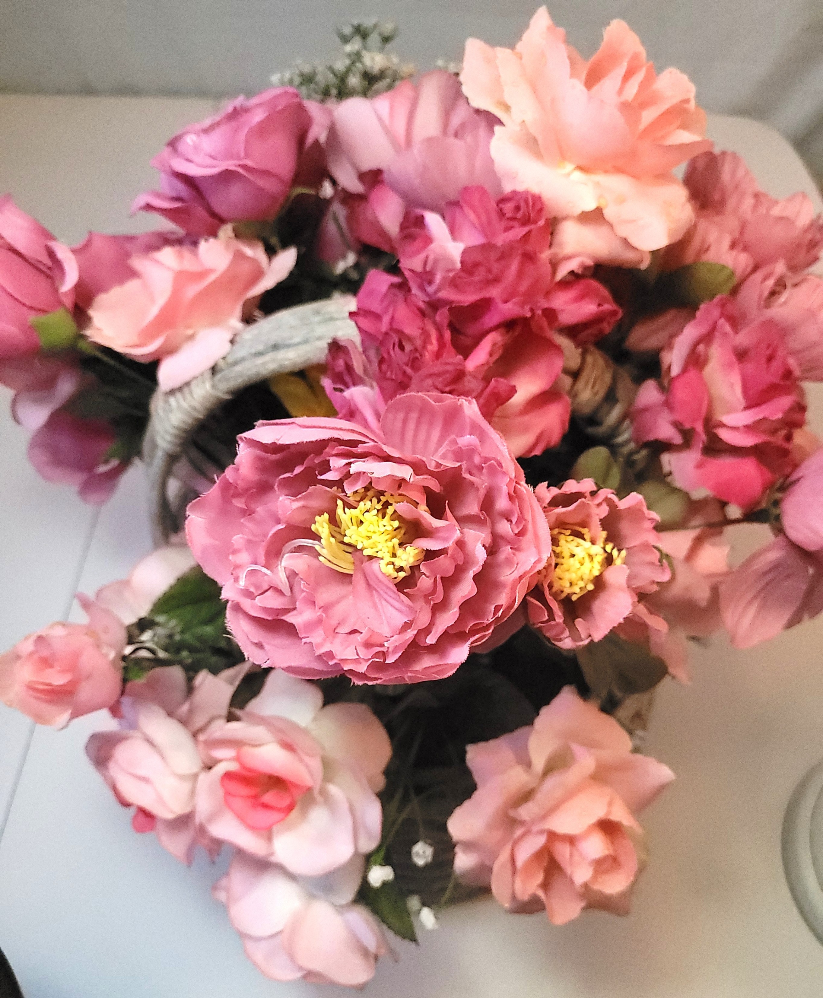 1990s Floral Basket Arrangement Pink Silk Roses Peonies Rustic - photo 3