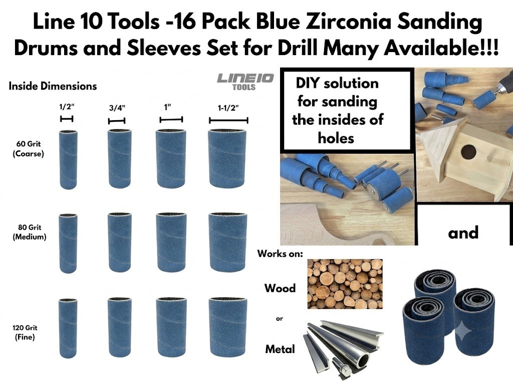 Line 10 Tools -16 Pack Blue Zirconia Sanding Drums and Sleeves