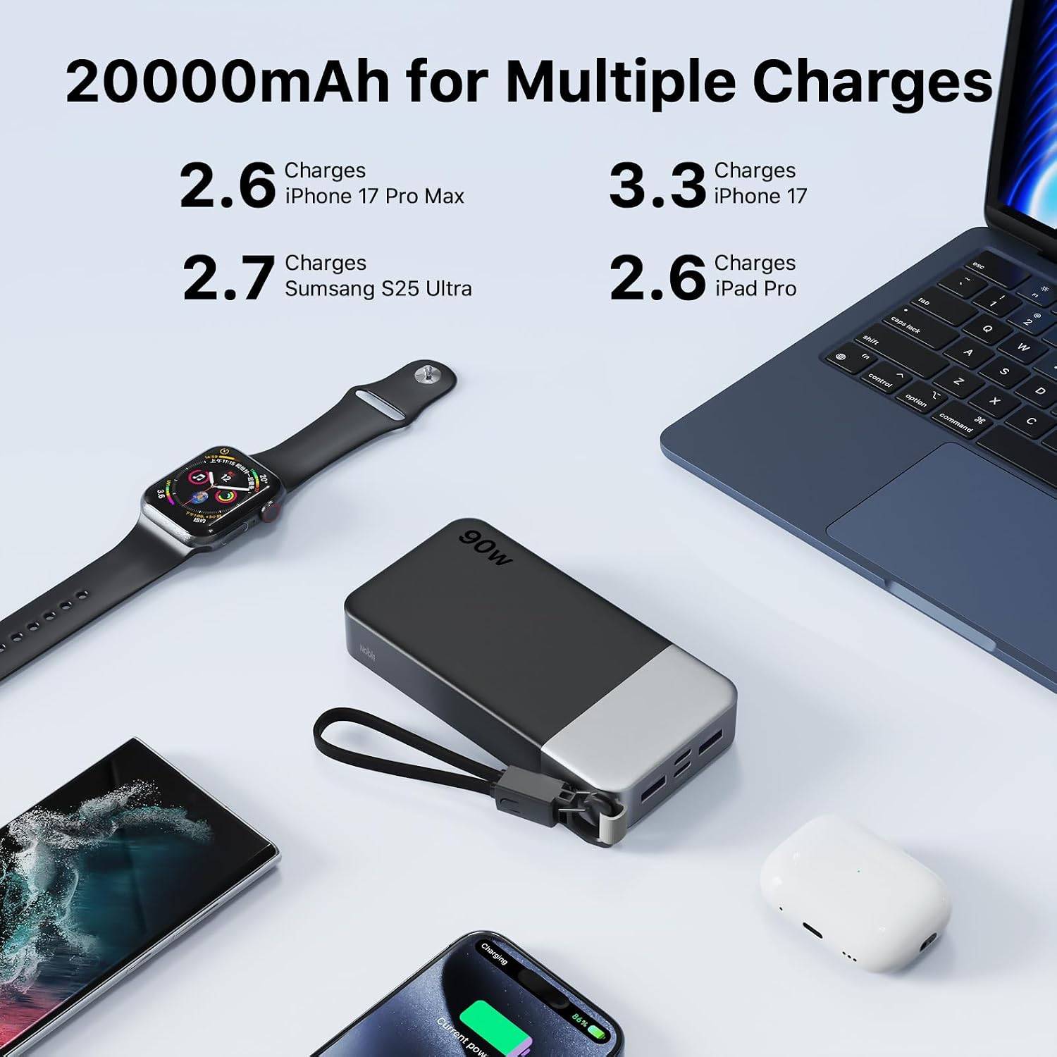 Power Bank 20000mAh 90W Portable Charger with Detachable Cable - photo 5