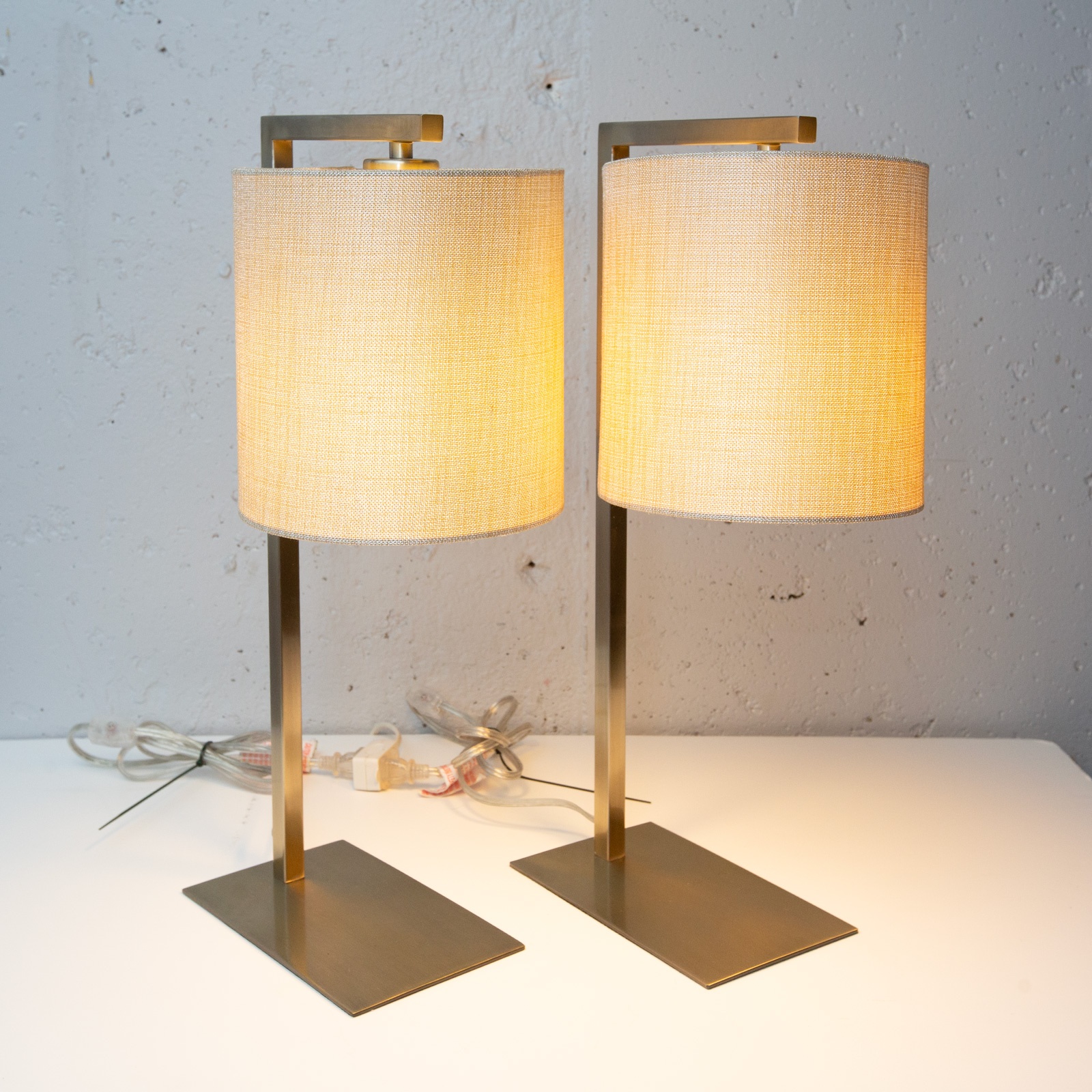 Pair of Modern Brass Table Lamps – Linen Shades