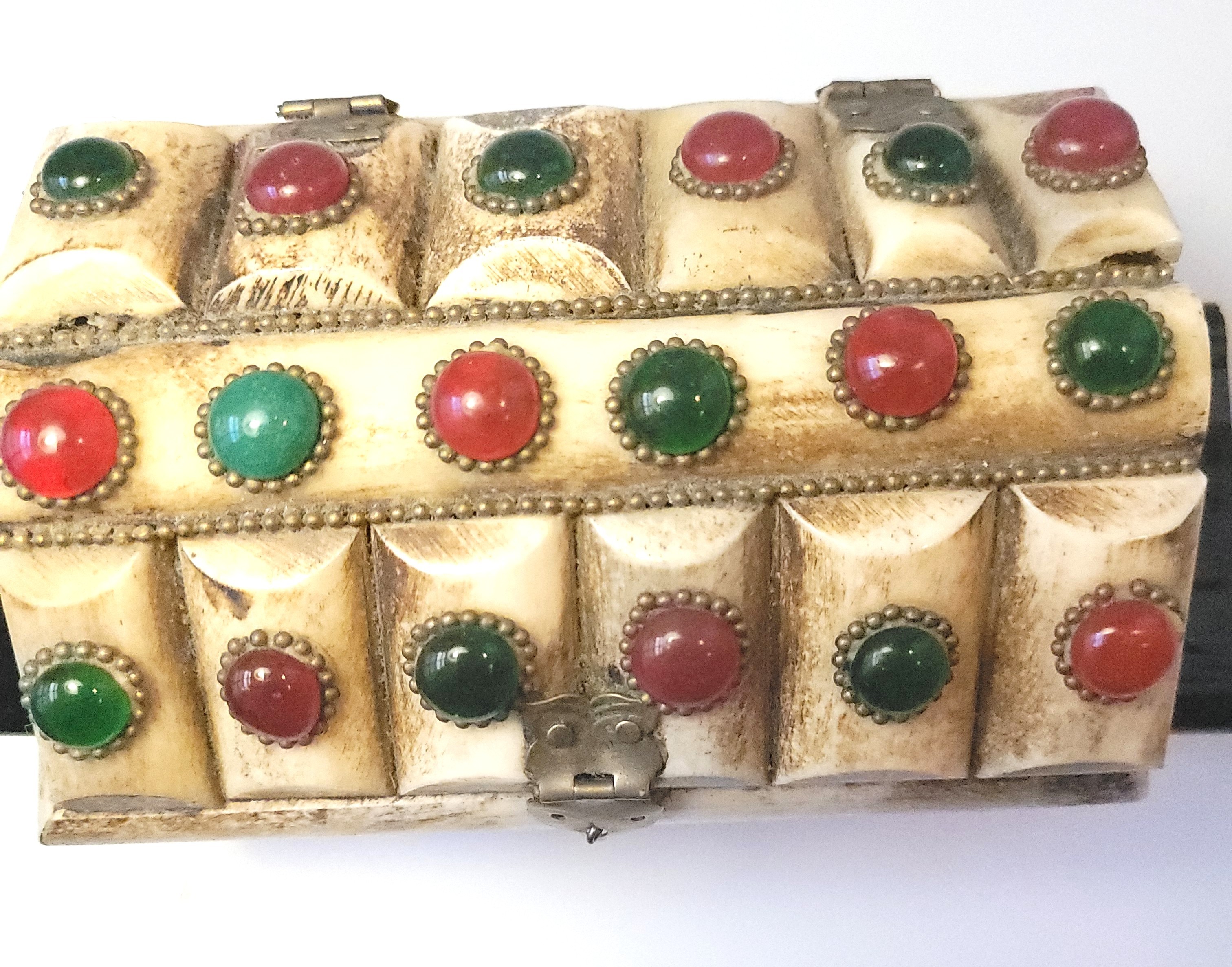 1970 Carved Bone Brass Treasure Chest, Faux Gemstone Cabochons - photo 2